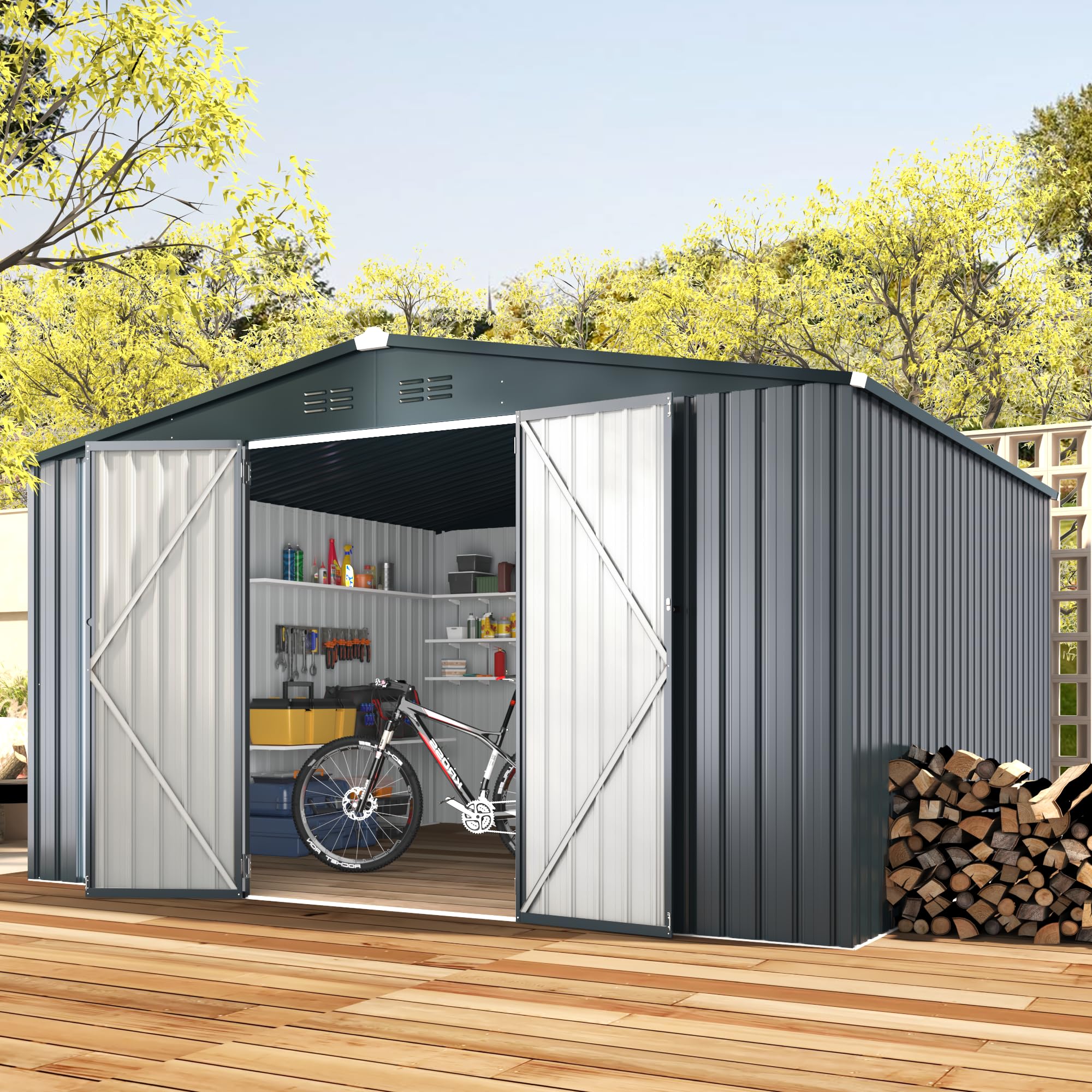 AECOJOY 12' x 10' Large Outdoor Storage Shed with Lockable Doors - Heavy Duty Utility & Tool Shed for Garden, Backyard, Patio - Perfect for Storing Lawn Equipment, Bikes & Seasonal Items (Dark Grey)