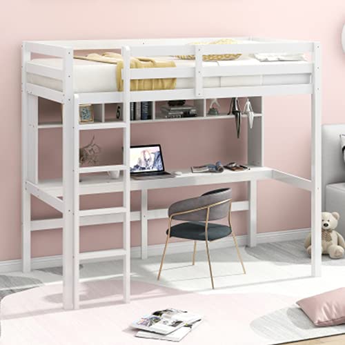 P PURLOVE Twin Size Wooden Loft Bed with Desk, Shelves & Ladder for Kids - Space-Saving Study & Sleep Solution for Small Bedrooms, Dorm Rooms & Kids' Rooms