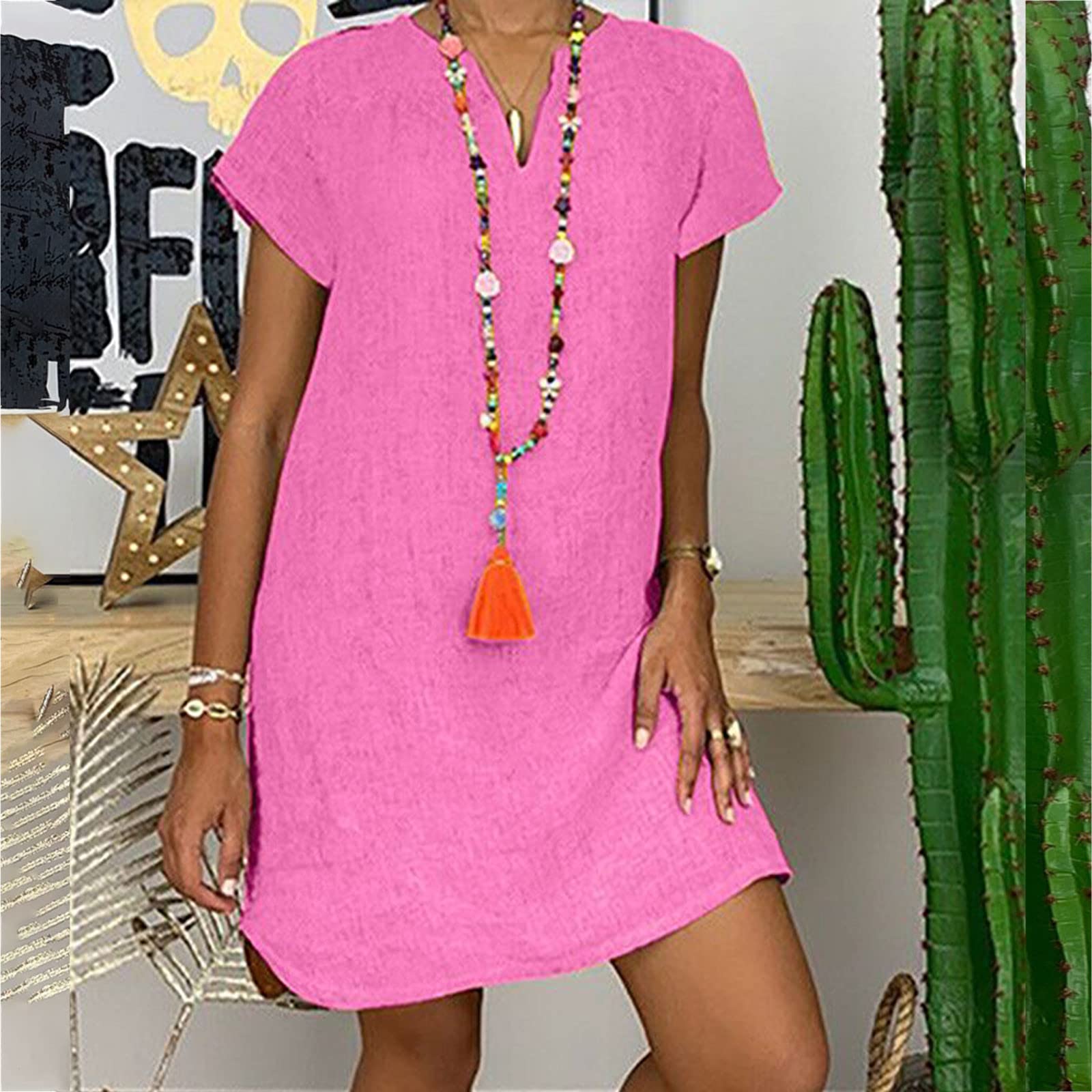 NaRHbrg Women's Linen Tunic Dress - V-Neck Loose Fit Midi Sundress for Beach Vacation, Plus Size Casual Shift Dress | Perfect for Summer Outings, Travel & Boho Style Fashion