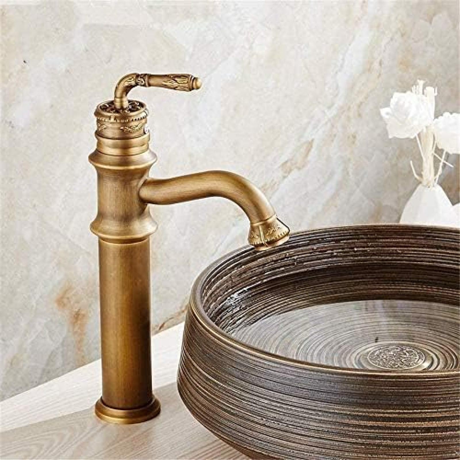 Vintage Antique Brass Single Handle Bathroom Sink Faucet - Deck Mount Hot & Cold Water Mixer Tap for Bathroom & Kitchen - Perfect for Farmhouse, Retro, and Victorian Style Decor