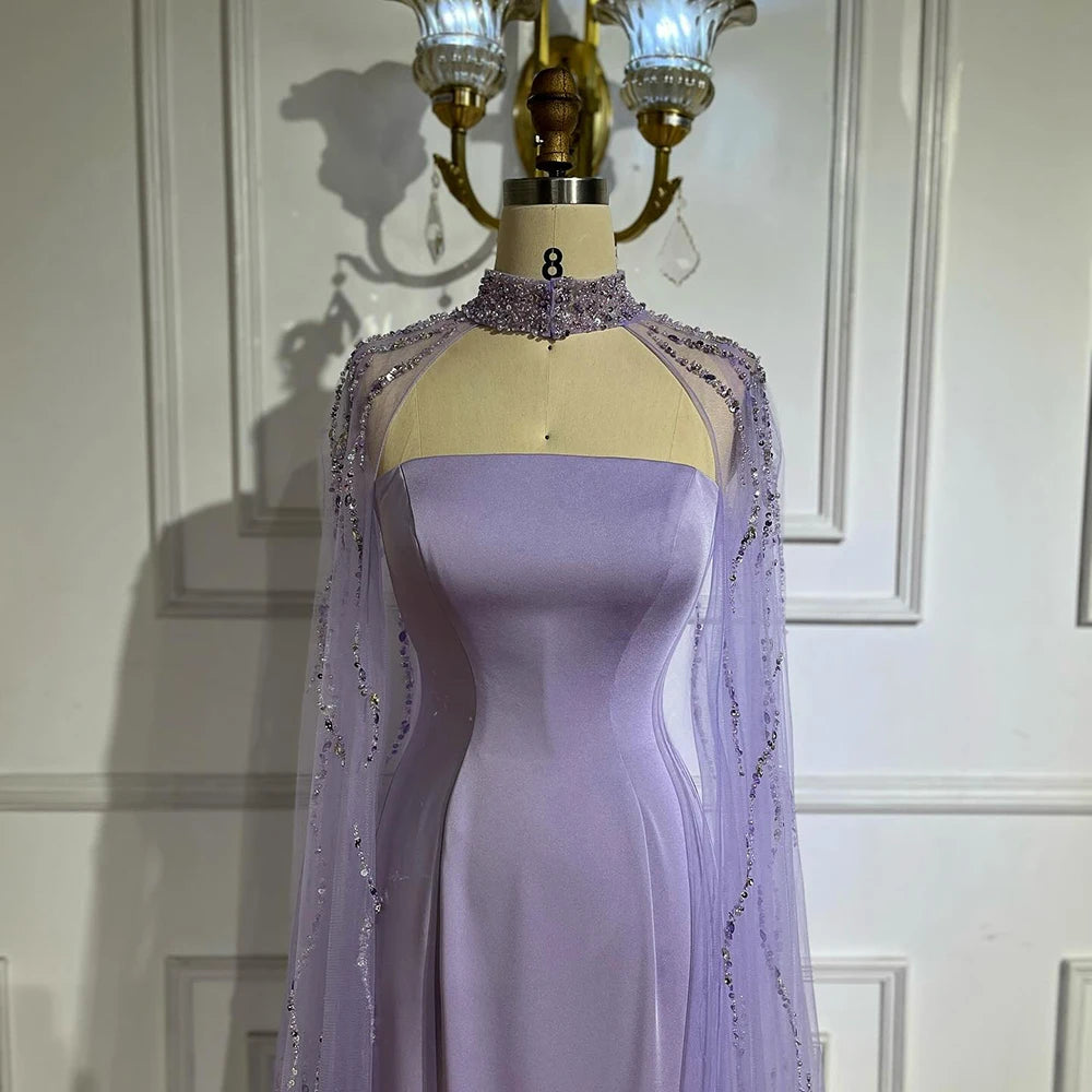 Elegant Lilac Evening Dresses with Luxury Beaded Long Cape Gown for Women - Formal Party, Prom, Wedding Guest Dress - LA72828