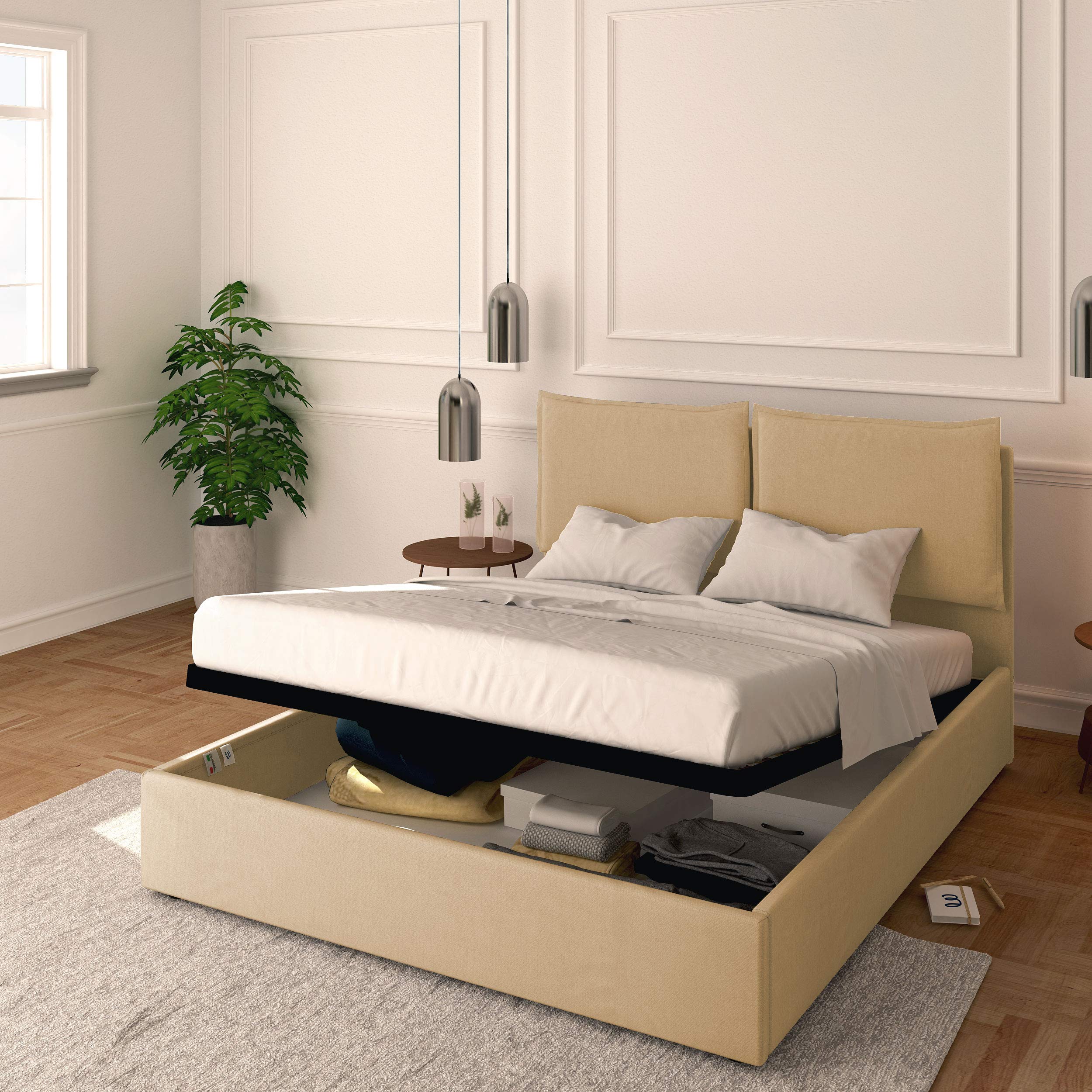 Baldiflex Licia Queen Size Bed Frame with Upholstered Synthetic Leather Headboard and Slatted Base - 160x190cm Mattress Foundation for Master Bedroom, Guest Room & Modern Home Decor