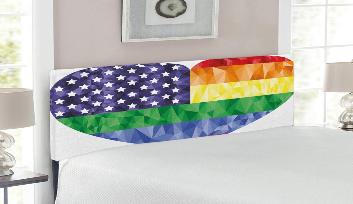 Ambesonne Pride Headboard - Queen Size Upholstered Metal Bed Frame with Big Heart Shape, USA Flag & Rainbow Low Poly Art Design for LGBTQ+ Rights | Memory Foam Padding, Multicolor Decorative Headboard | Perfect for Bedroom, Guest Room & Pride-Themed Decor
