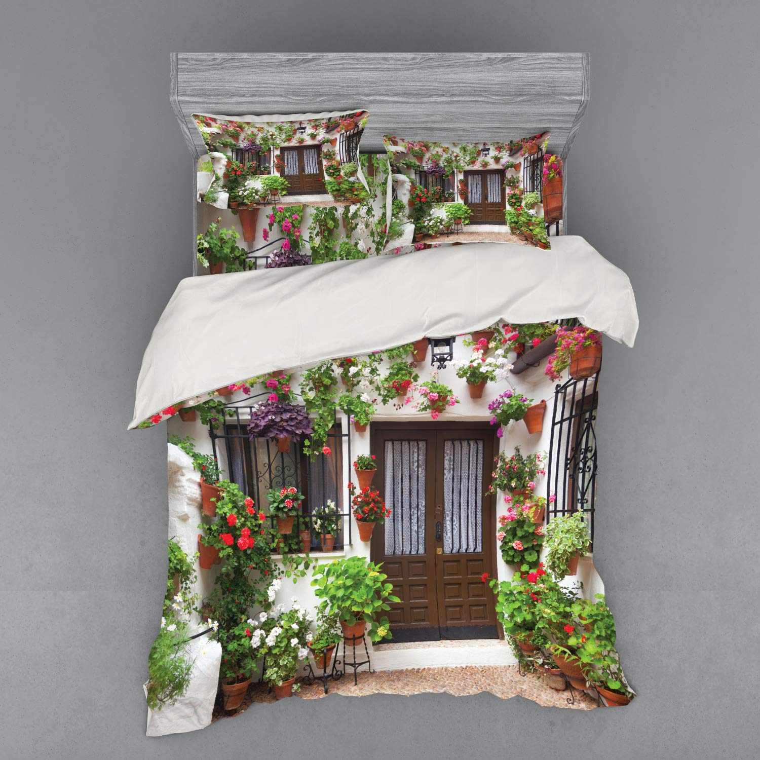 Ambesonne Country Bedding Set - 4 Piece Duvet Cover with Shams & Fitted Sheet, Queen Size, Colorful European House & Flower Pot Design, Multicolor | Perfect for Farmhouse, Cottage & Vintage Style Bedrooms