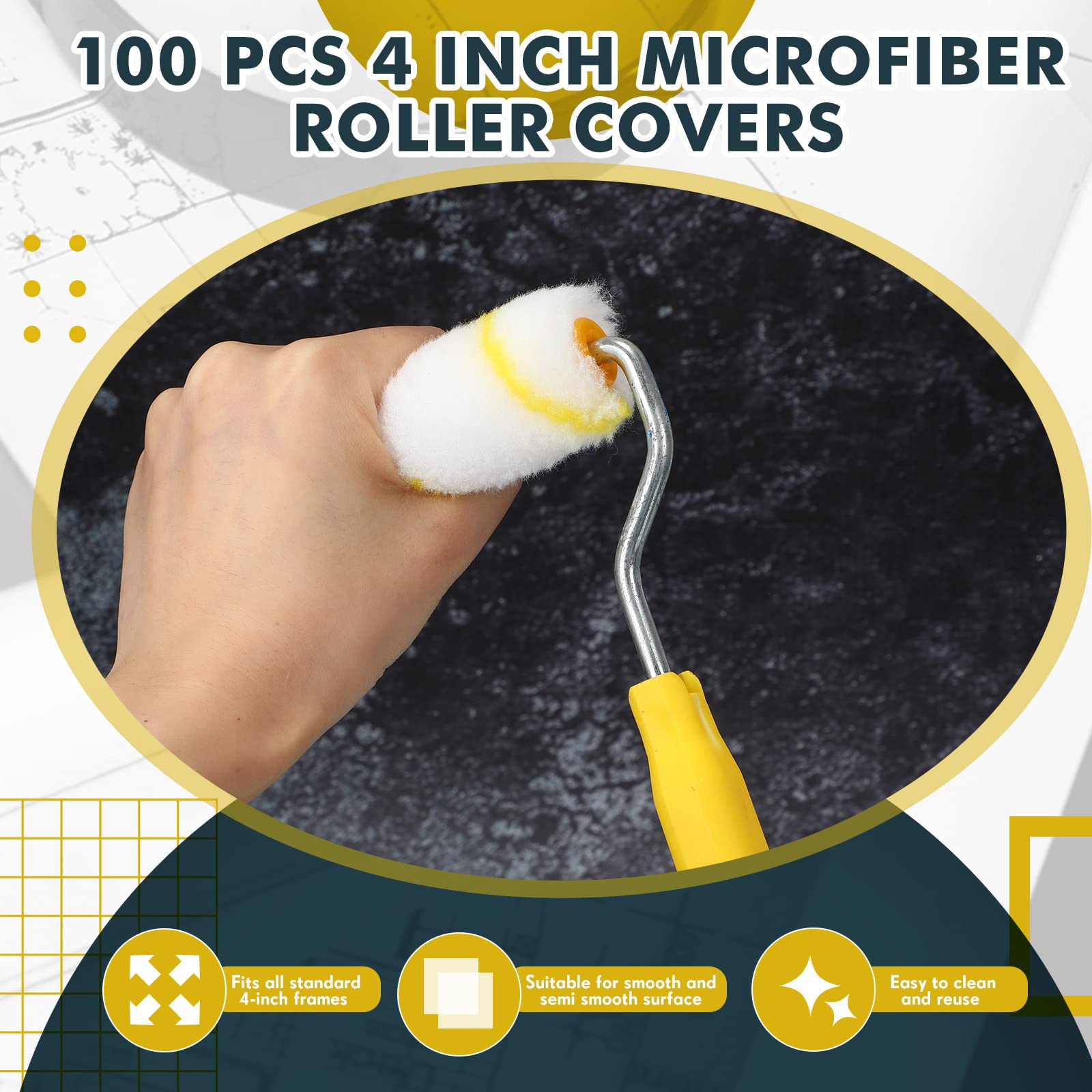 Leumoi 100-Pack 1/2 x 4 Inch Microfiber Paint Roller Covers - Small Mini Roller Nap for Wall Painting, DIY Projects & Home Improvement - Yellow & White - Perfect for Interior Walls, Furniture Refinishing & Craft Projects