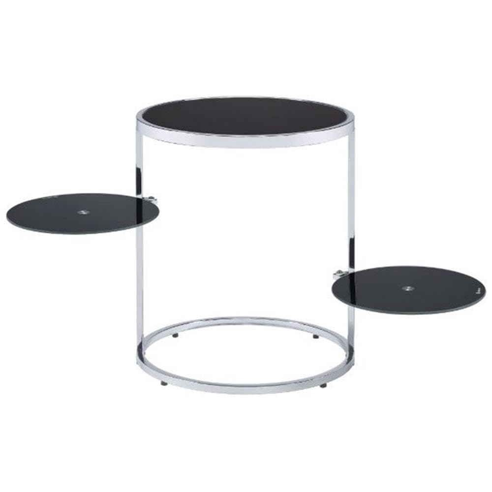Acme Lynch Modern Round Glass End Table with 2-Tier Swivel Shelf in Black & Chrome - Perfect for Living Room, Bedroom, or Office Decor