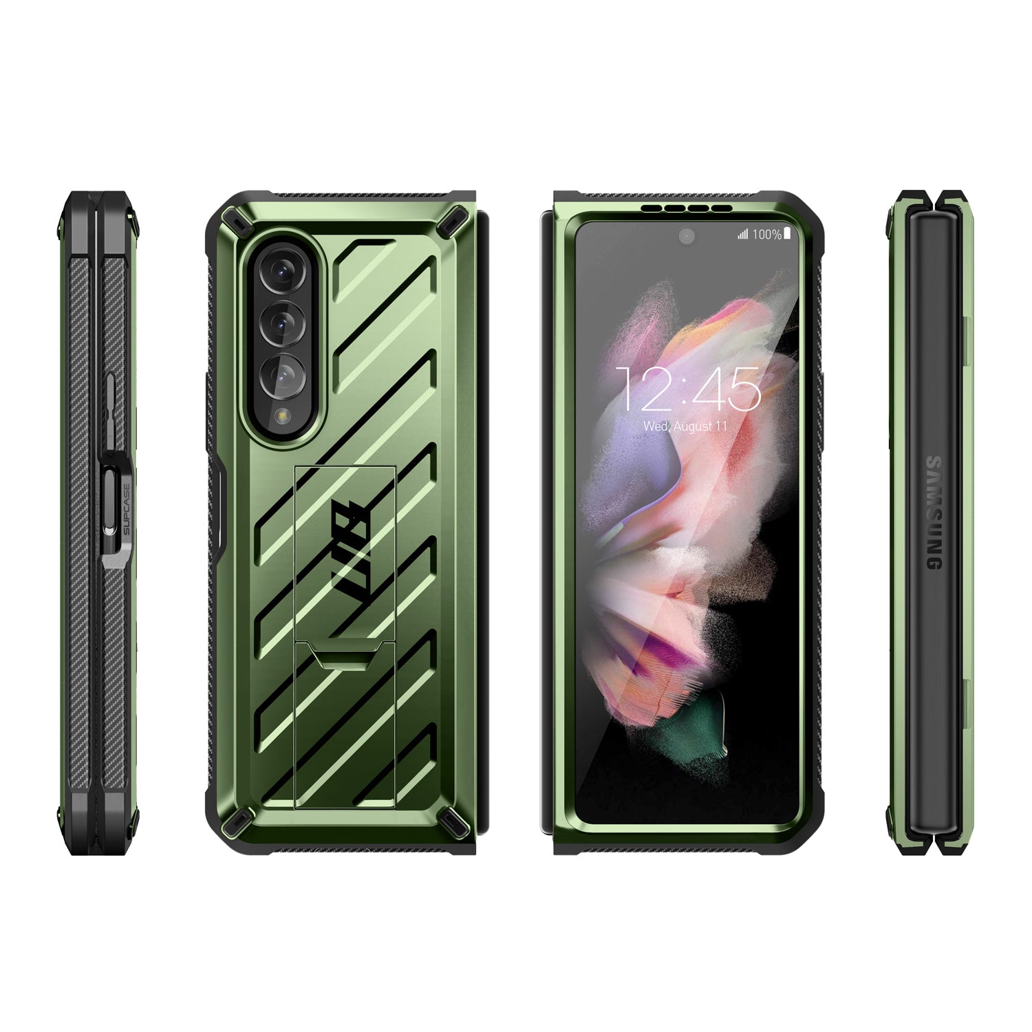 Samsung Galaxy Z Fold 3 Case with Built-in Kickstand & Screen Protector | Dark Green Protective Cover for Work, Travel & Everyday Use