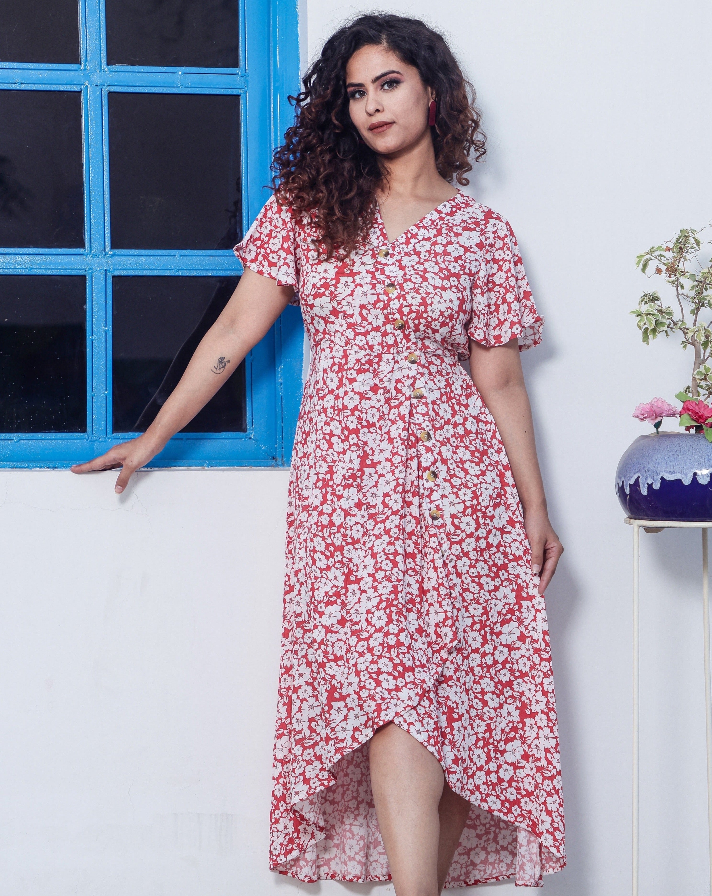 Elegant Red Floral Midi Dress for Women - Summer Casual & Party Wear - Perfect for Date Nights, Weddings & Beach Vacations