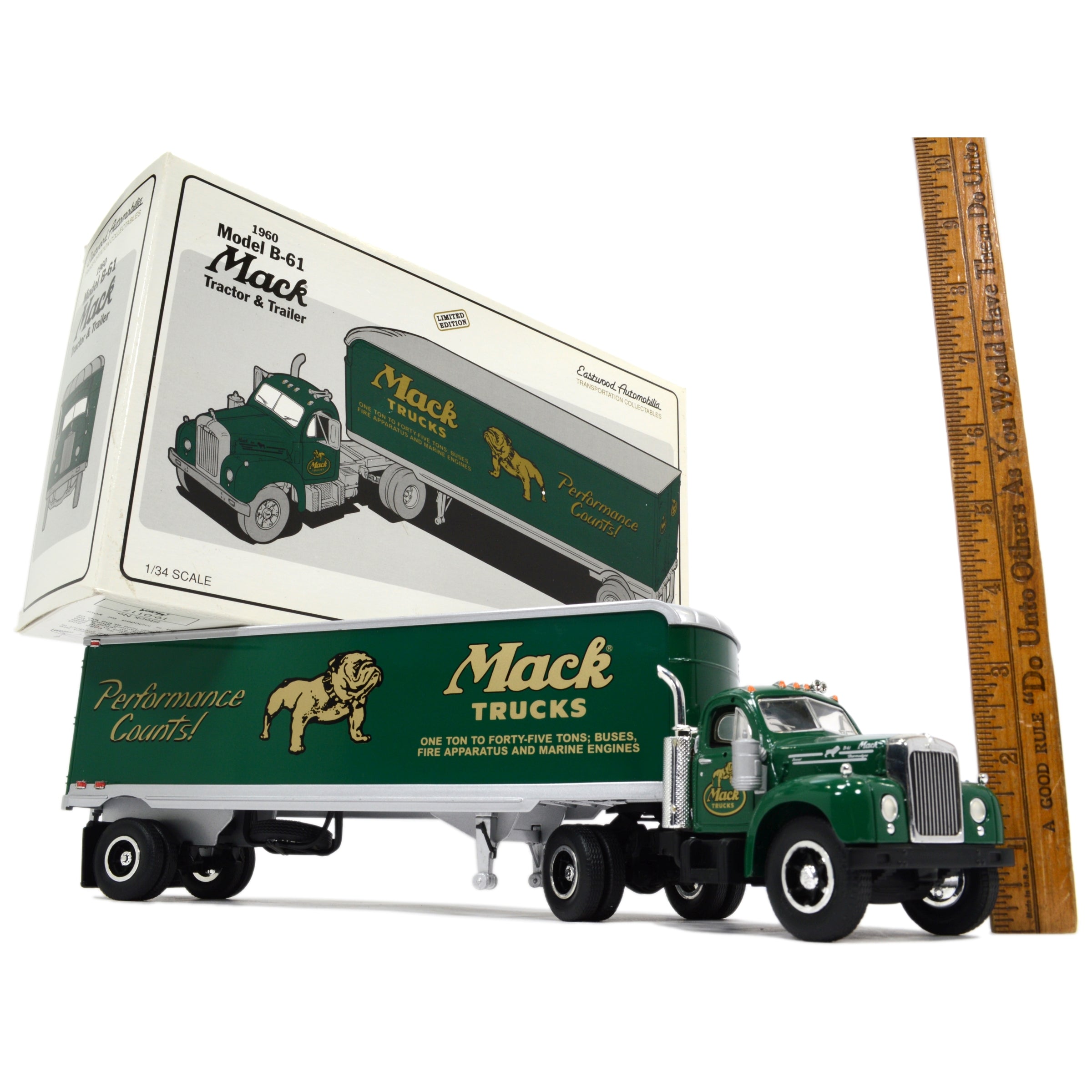 FIRST GEAR MACK 1960 Model B61 Tractor & Trailer 1:34 Scale Diecast Bulldog - Collectible Vintage Truck for Display & Gifts - Perfect for Truck Enthusiasts & Model Collectors