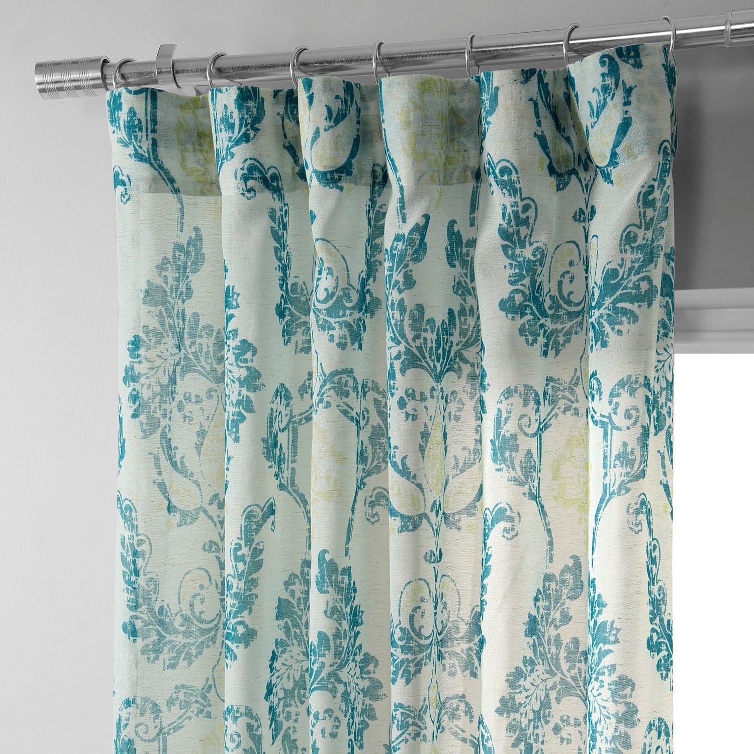 Terrace Teal Damask Printed Sheer Curtains - Elegant Window Treatments for Living Room, Bedroom & Dining Room Decor