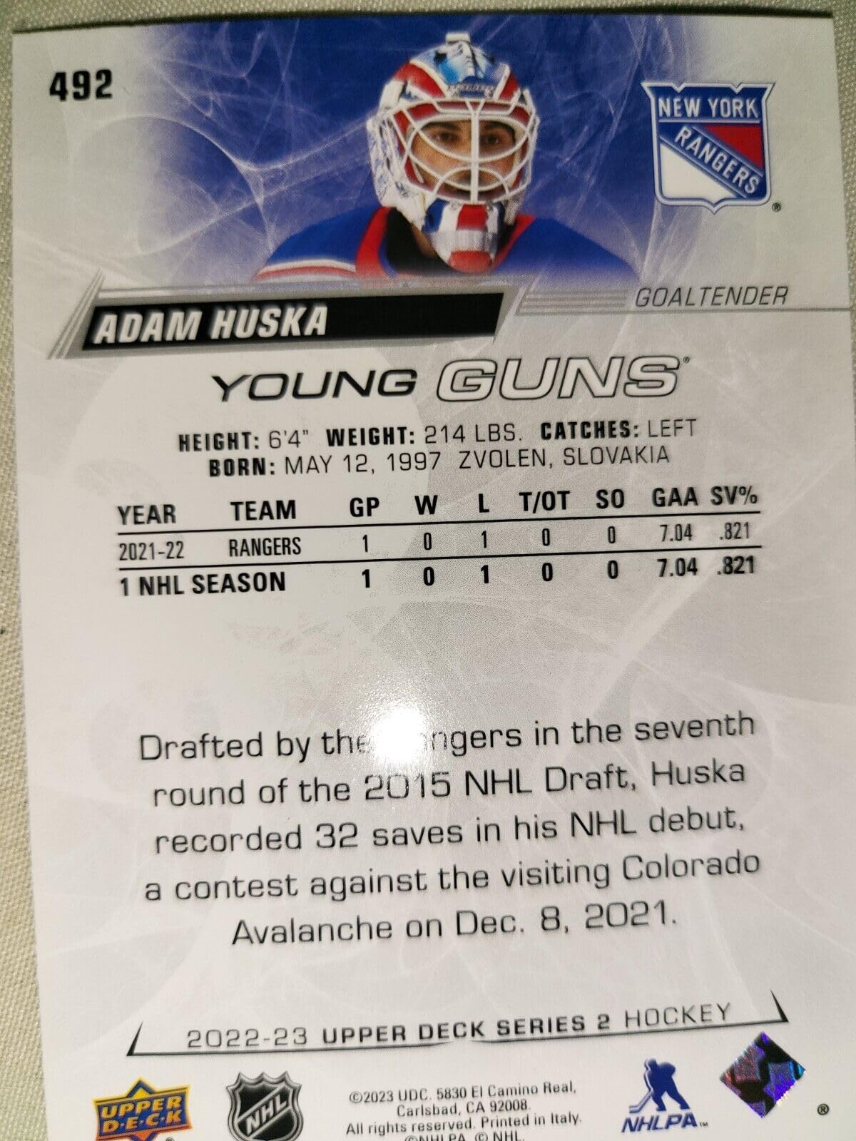 2022-23 Upper Deck Series 2 Hockey Cards - Adam Huska Young Guns #492 Rookie Card | Collectible Trading Cards for NHL Fans & Sports Memorabilia Enthusiasts