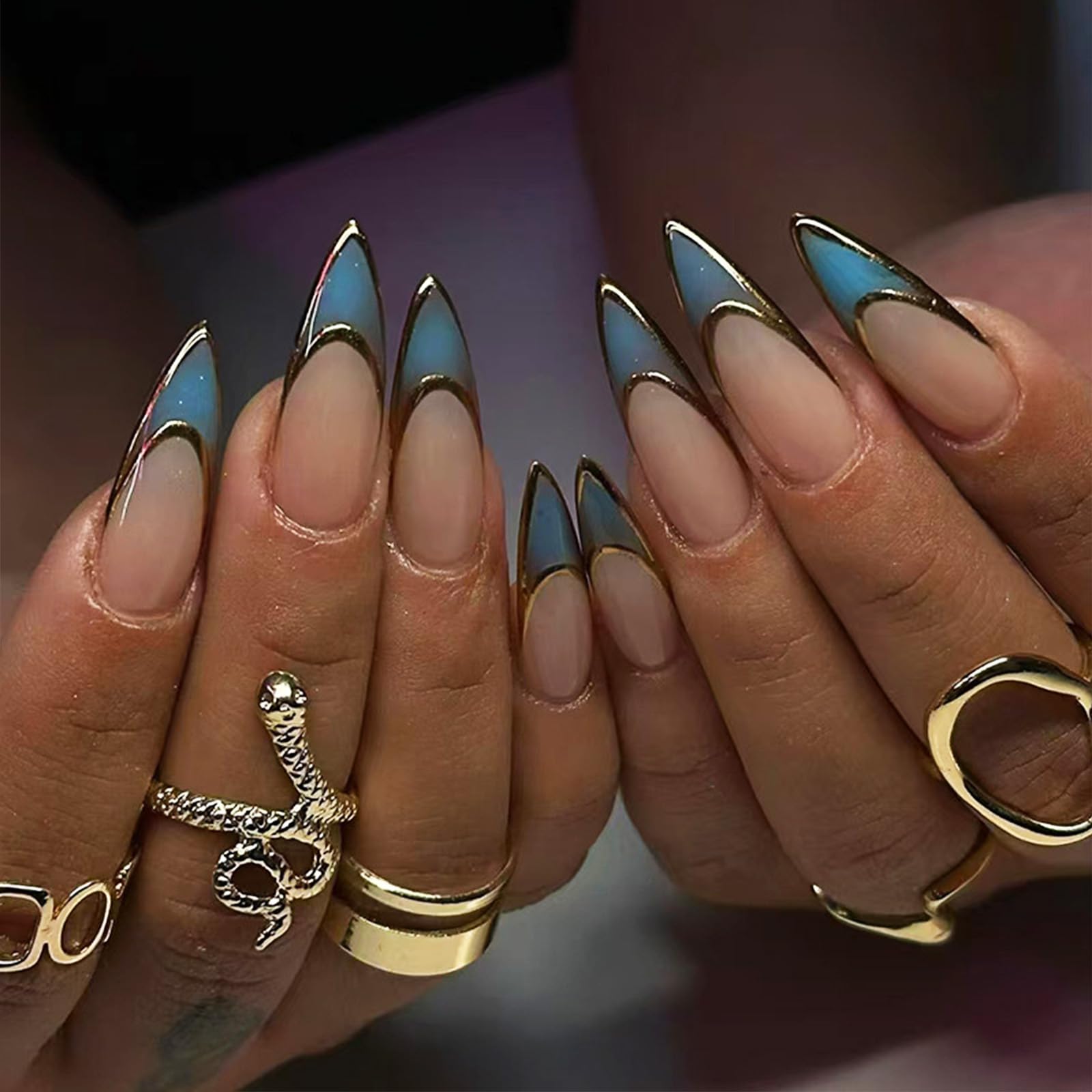 Blue Gradient French Tip Press on Nails - 24PCS 3D Gold Curve Design Ombre Acrylic Fake Nails Medium Almond Shape with Glossy Finish - Easy Glue on False Nails for Women & Girls - Perfect for Parties, Weddings, Date Nights and Special Occasions