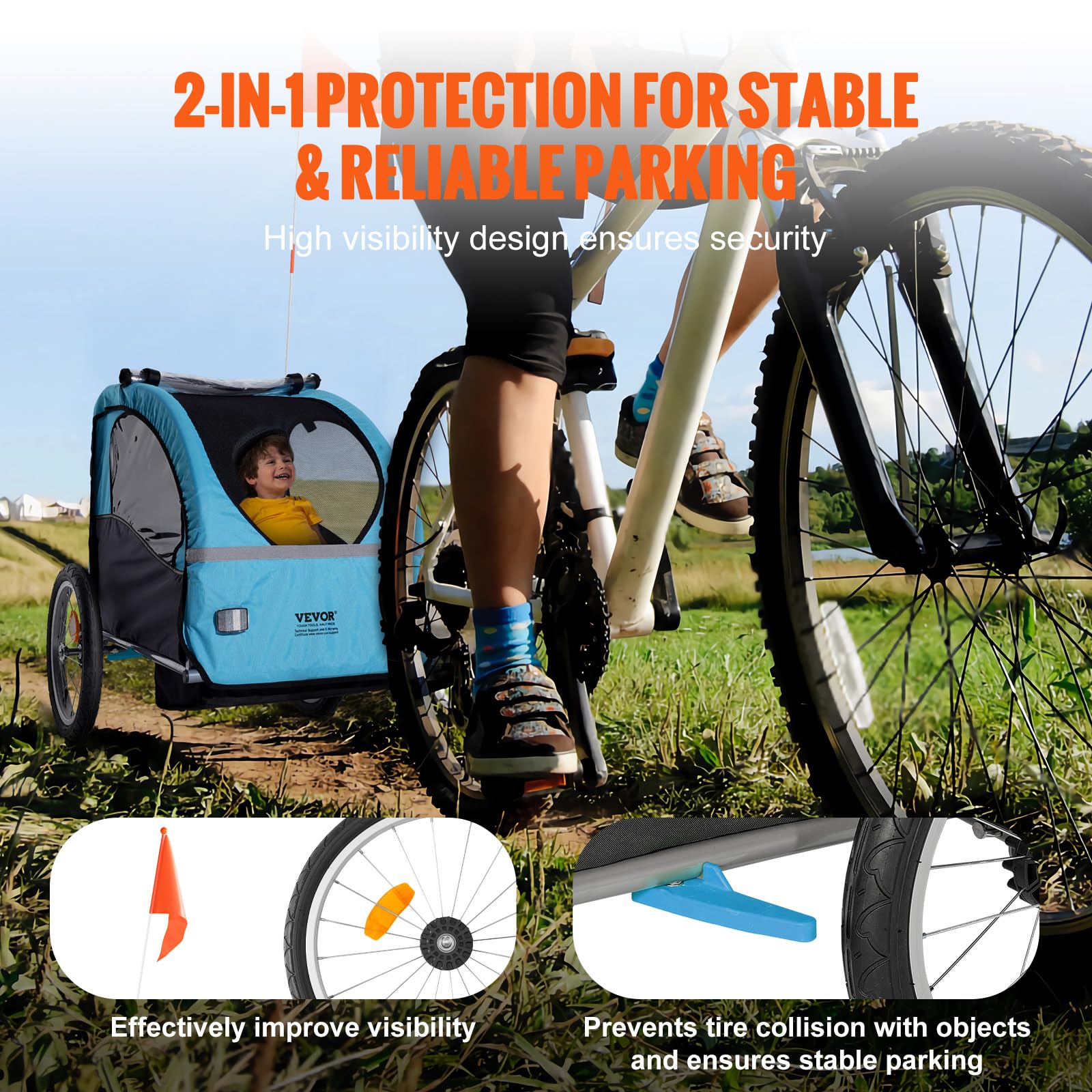 VEVOR Foldable Bike Trailer for Kids & Toddlers - 60 lbs Capacity, Universal Bicycle Coupler, Carbon Steel Frame with Canopy - Blue & Gray - Perfect for Family Rides, Outdoor Adventures & Grocery Hauling