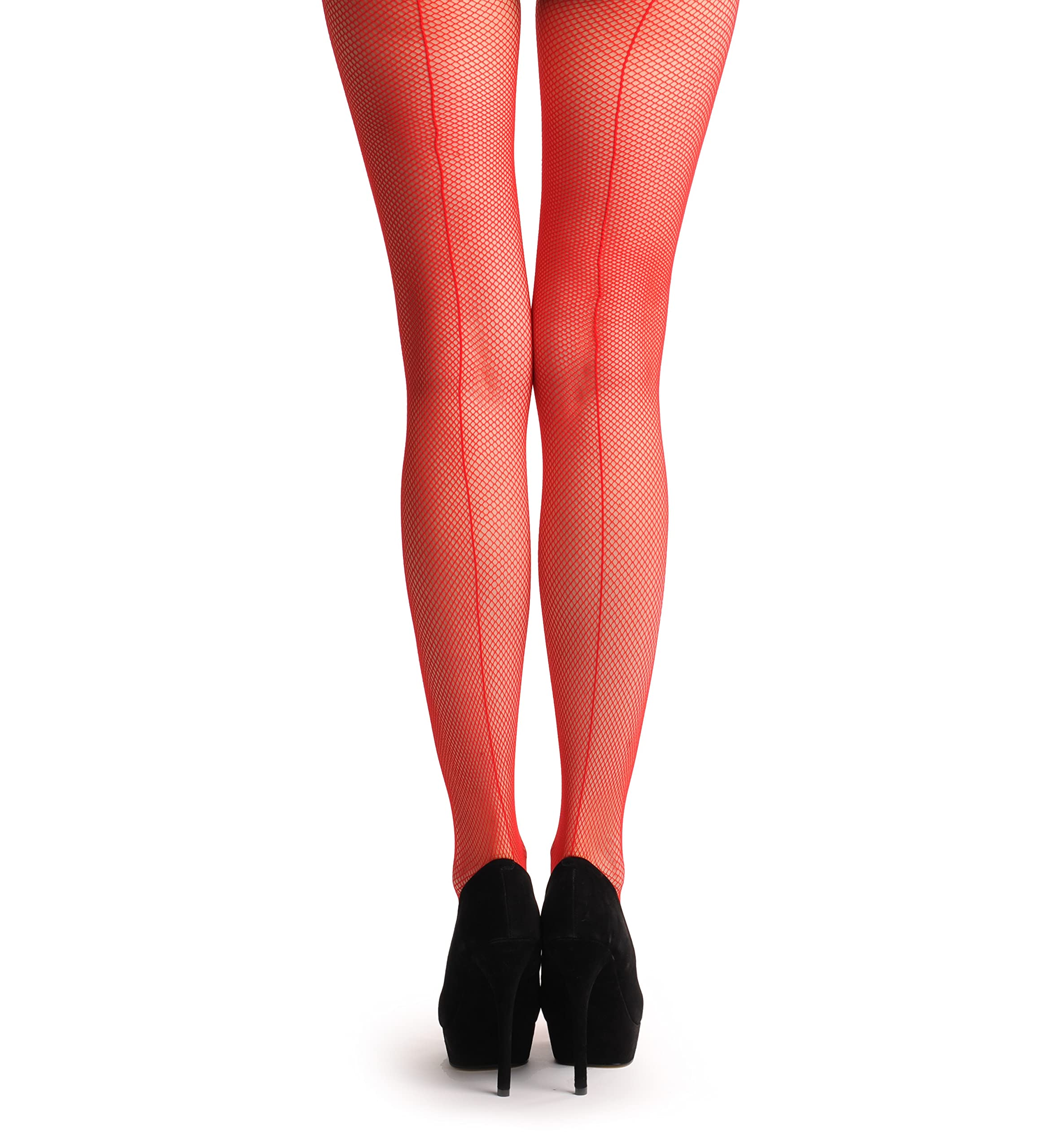 LissKiss Red Fishnet Pantyhose with Back Seam - Sexy Designer Tights for Women | Perfect for Halloween, Cosplay, and Night Out Outfits