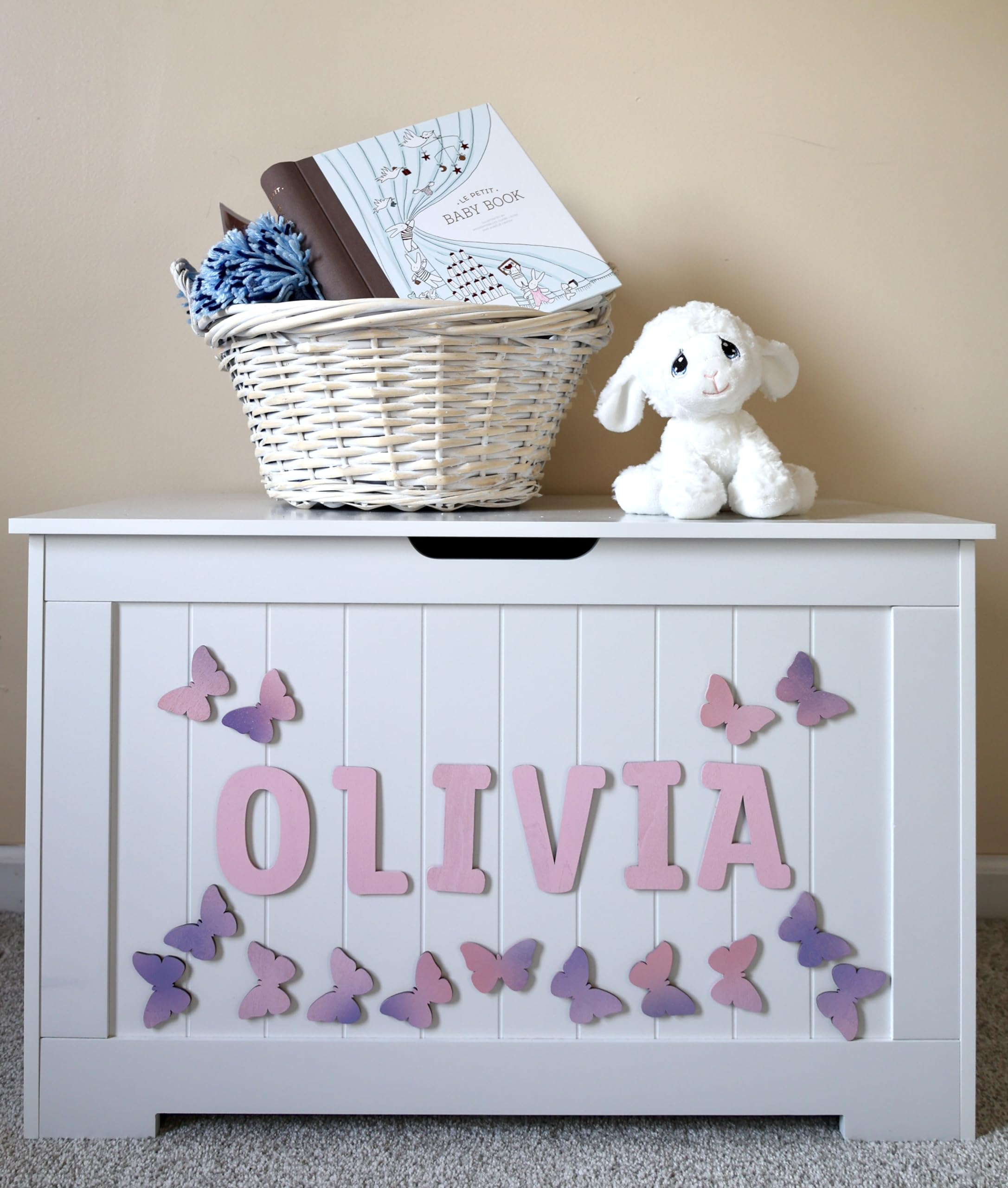 Personalized Wooden Toy Box with Butterfly Decor - Custom Kids Storage Box for Nursery, Playroom & Bedroom Organization