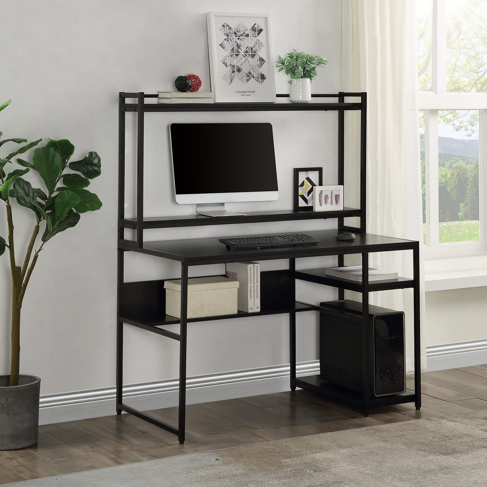 Modern Simple Style Computer Desk with Monitor Riser Shelf - Durable Scratch-Resistant Metal Laptop Desk for Home Office - Black | Perfect for Small Spaces, Remote Work & Gaming Setups