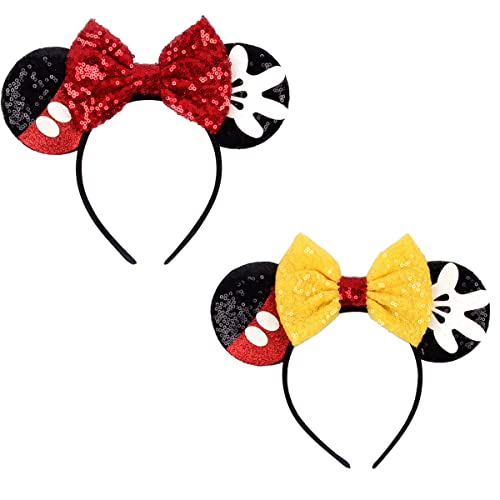 Sparkly Mouse Ears Bow Headband for Women & Girls - Glitter Hair Hoop Accessory for Disney Princess Costume, Christmas Party, Dress Up & Cosplay - Hot Pink Hairband for Theme Parties & Special Occasions