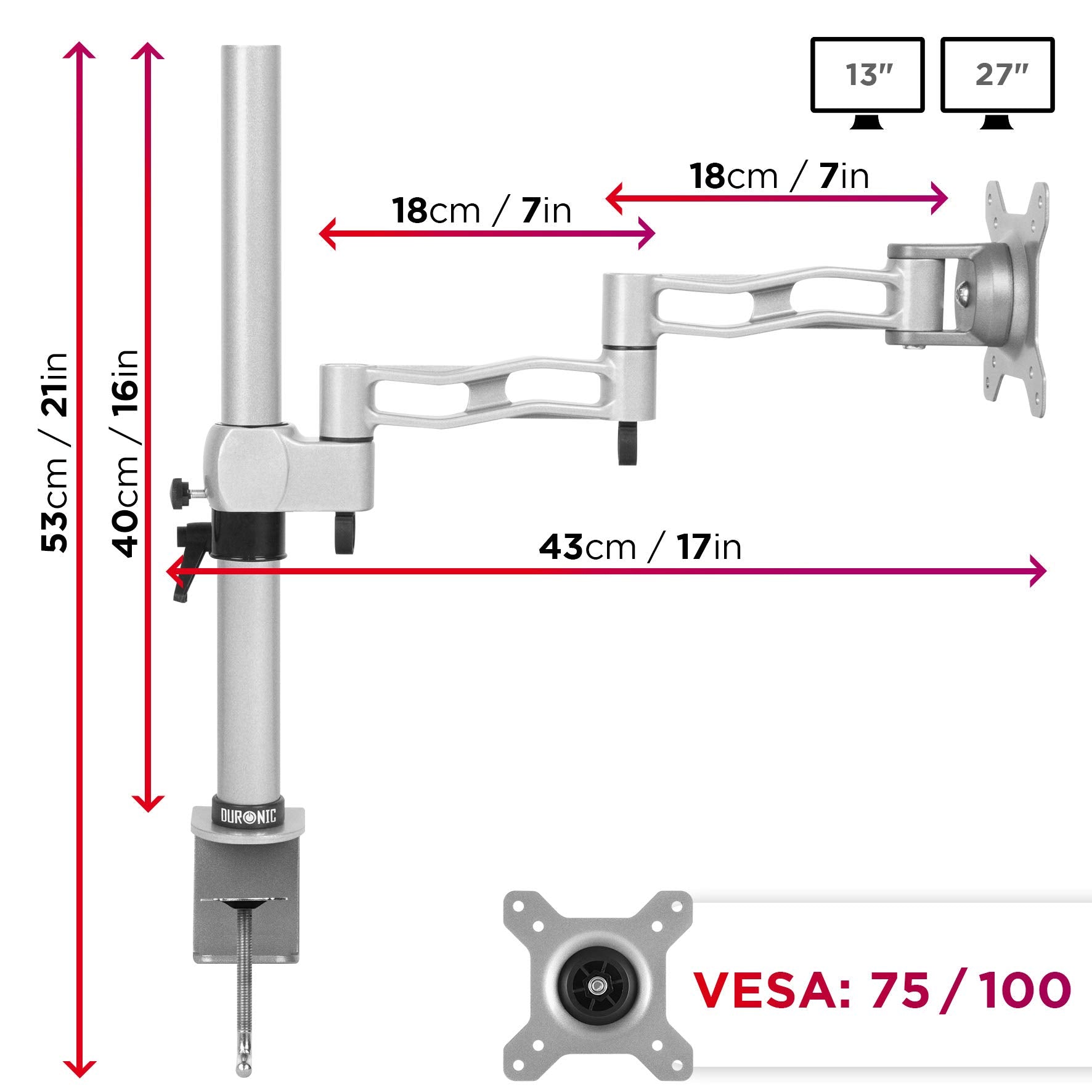 Duronic DM351X3 SR Single Monitor Arm - Height Adjustable VESA 75/100 Mount for 13-27