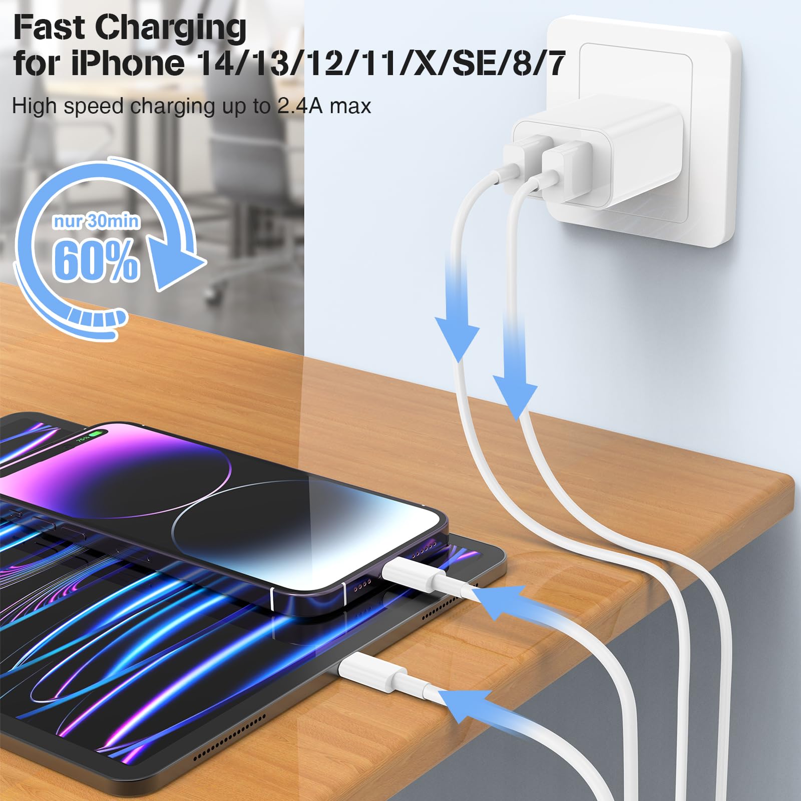 Apple MFi Certified iPhone Charging Cable 10ft (3m) - Fast Charging USB to Lightning Cable for iPhone 14 Pro Max/13/12/11/X/6 Plus/5S/SE/mini & iPad - Durable Long Cord for Home, Office, Car & Travel Use