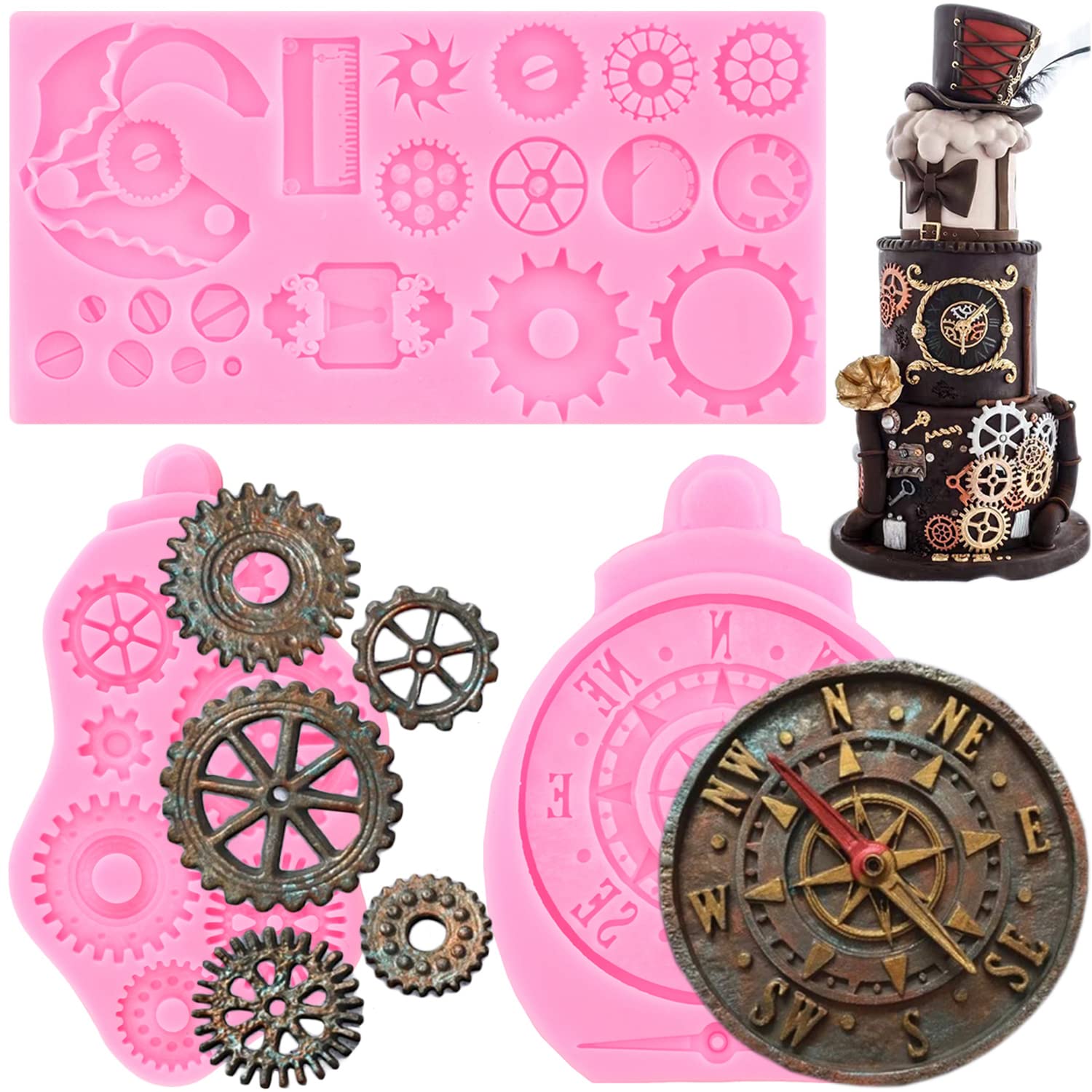 Steampunk Gear Silicone Mold Set of 3 - Compass Cogs & Gears Teeth Fondant Molds for Cake Decorating, Chocolate Candy, Cupcake Toppers & Polymer Clay - Perfect for Steampunk Themed Parties, DIY Crafts & Travel Inspired Desserts