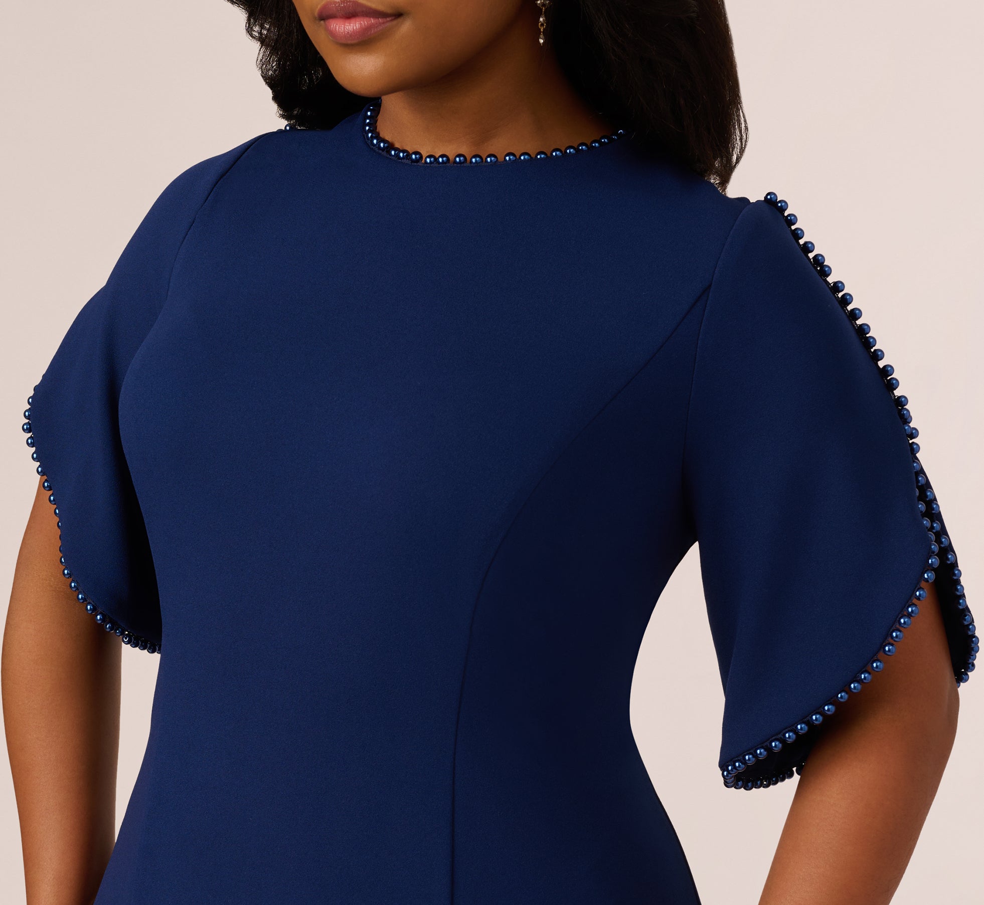 Plus Size Navy Sateen Crepe Midi Dress with Pearl Trim Sleeves - Elegant Sheath Dress for Women, Perfect for Office Wear, Cocktail Parties & Special Occasions