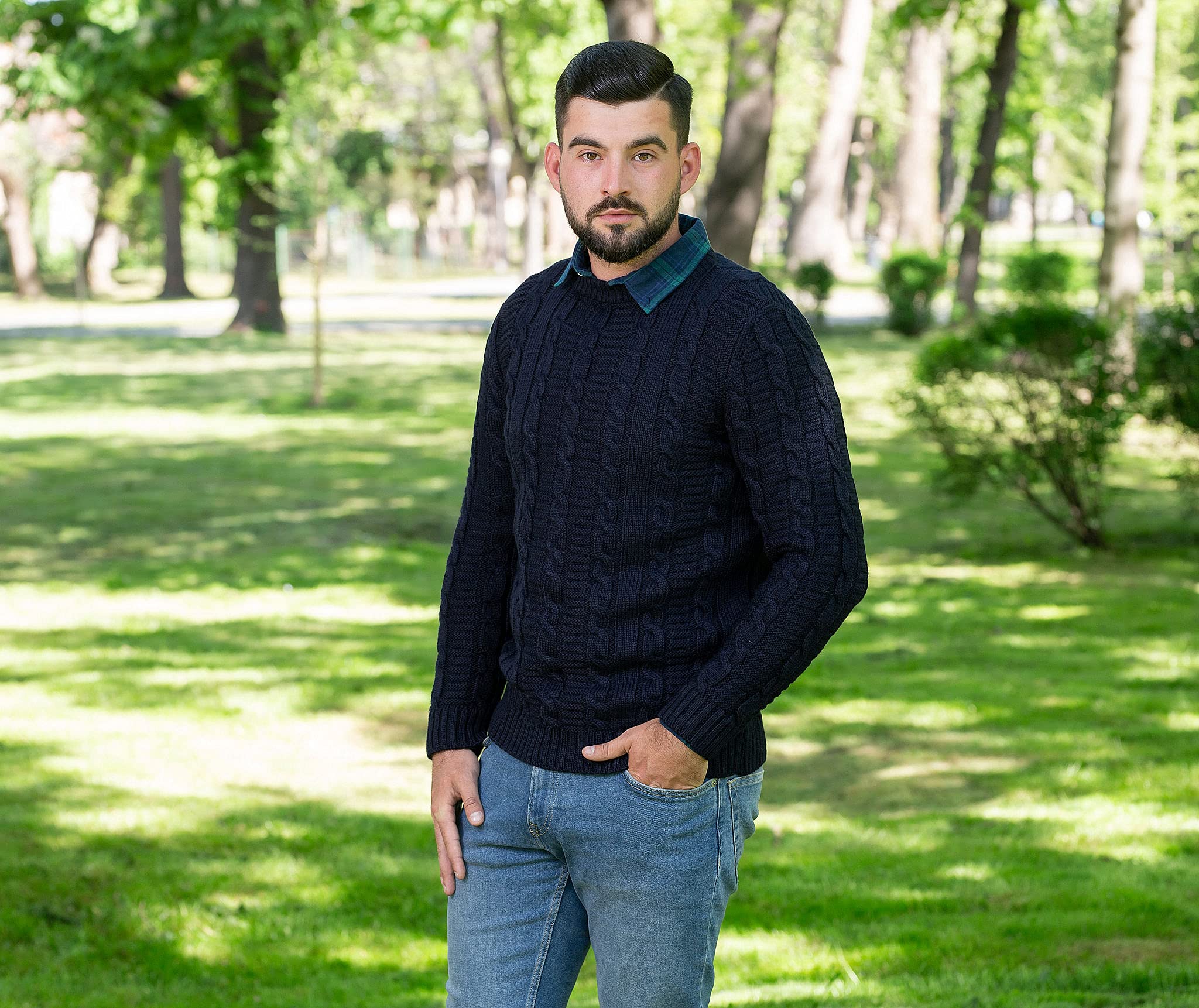 SAOL Men's Crew Neck Soft Wool Blend Knit Irish Aran Sweater Pullover - Warm Winter Casual Sweater for Men, Perfect for Outdoor Activities, Office Wear & Holiday Outfits
