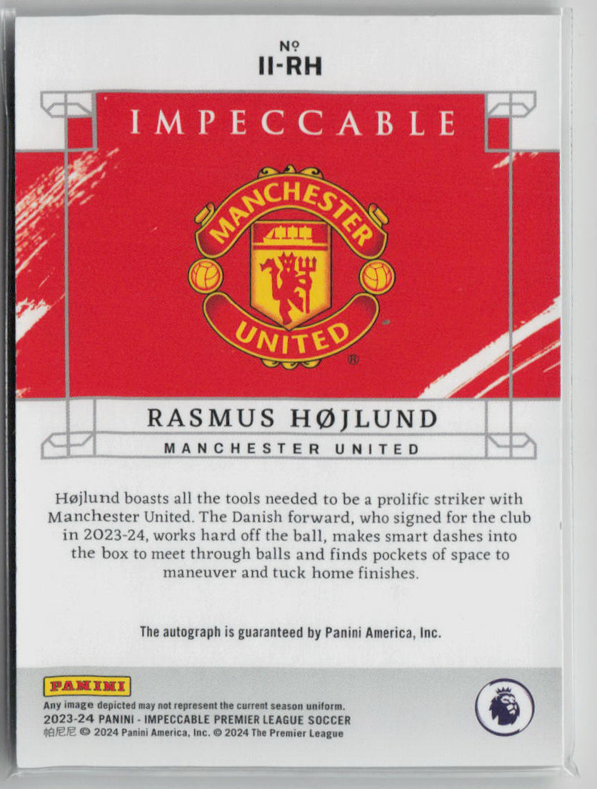 2023-24 Panini Impeccable Premier League Rasmus Højlund Autographed Soccer Card 18/99 #II RH - Perfect for Soccer Collectors and Fantasy Sports Fans