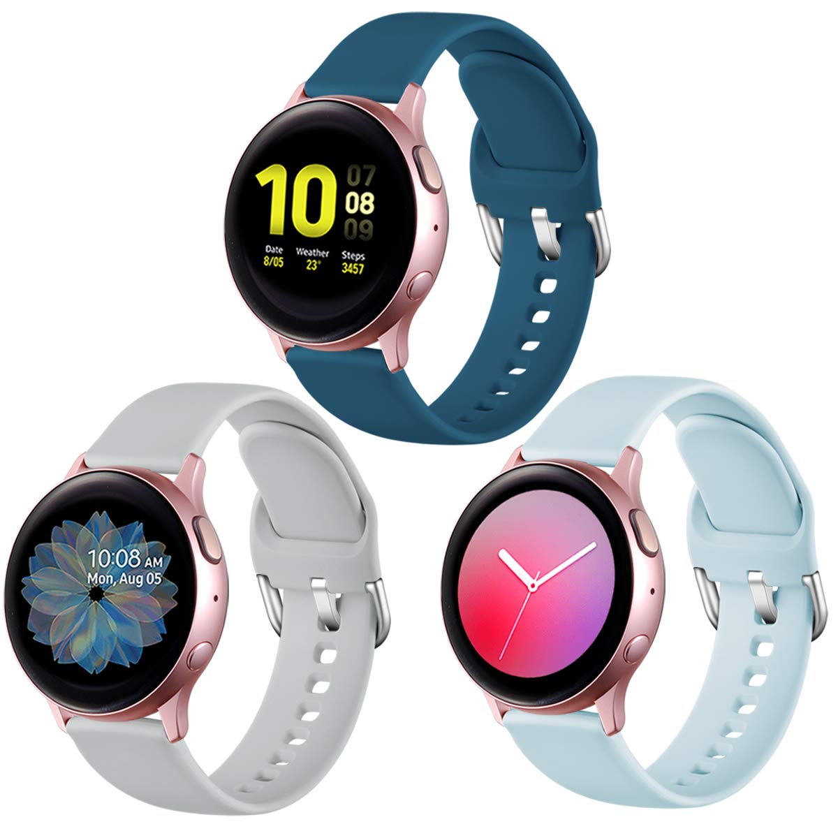 Lerobo 20mm Silicone Sport Watch Bands 3-Pack for Samsung Galaxy Active 2 (44mm/40mm), Galaxy Watch 3 (41mm), Galaxy Watch (42mm) - Light Blue, Slate Blue, Gray - Durable & Comfortable Replacement Straps for Workout, Running & Daily Wear