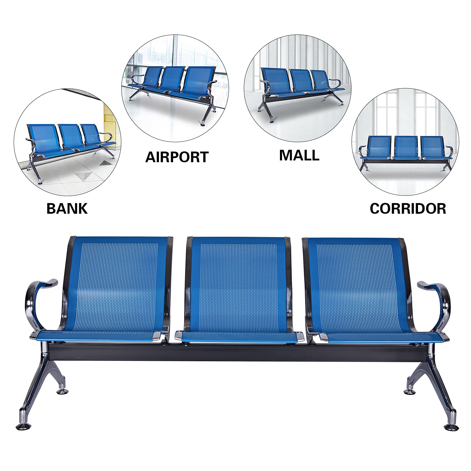 3-Seat Waiting Room Chairs with Arms - Durable Reception Bench for Airport, Hospital, Bank & School Lobby - Comfortable Guest Seating Solution for High-Traffic Areas - Blue