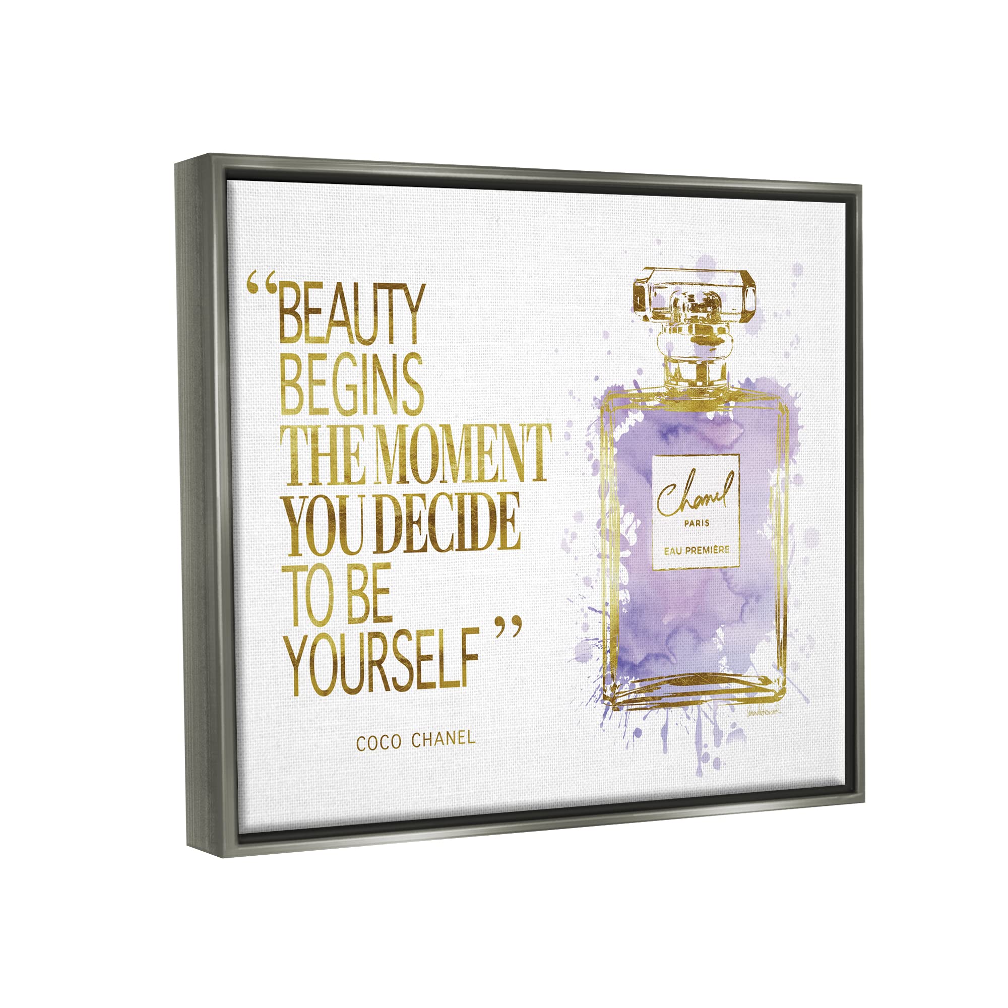 Stupell Industries Beauty Begins Designer Quote Purple Glam Perfume Bottle Wall Art - Amanda Greenwood Design - Elegant Home Decor for Bathroom, Bedroom & Vanity