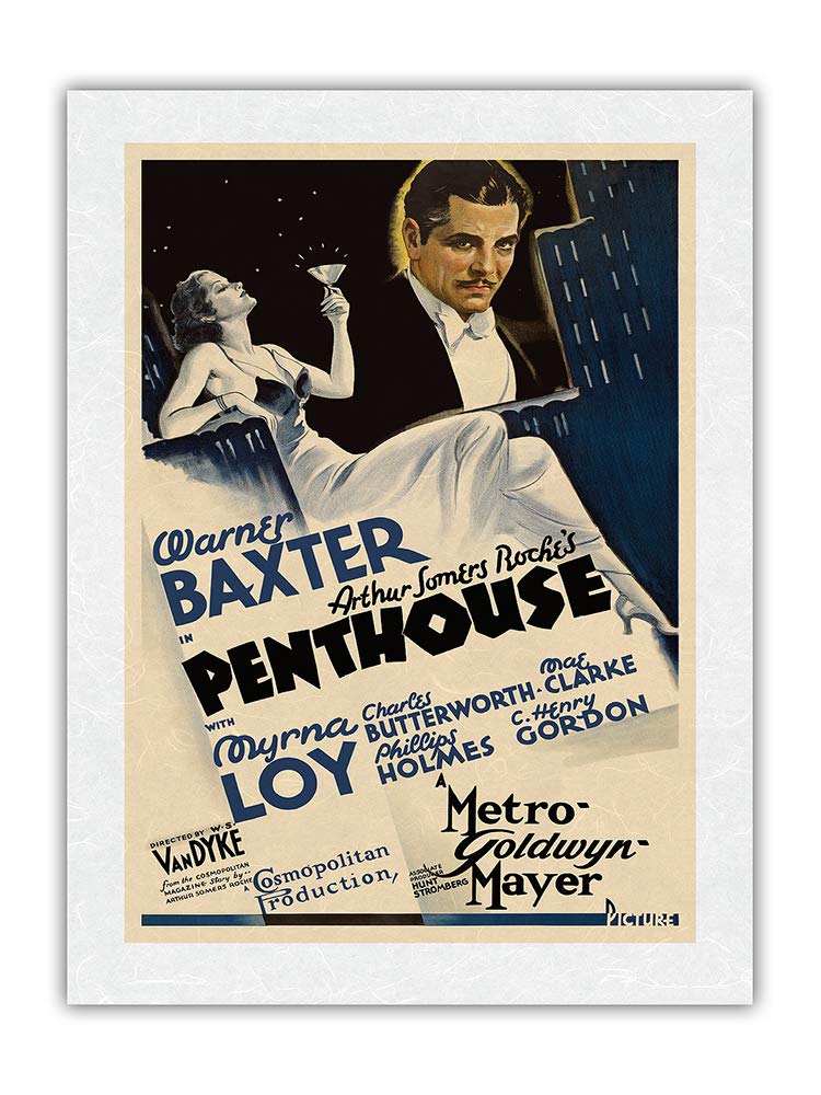 Vintage 1933 Penthouse Movie Poster - Warner Baxter & Myrna Loy - W.S. Van Dyke Director - Premium Unryu Rice Paper Art Print 17x22 inches - Perfect for Classic Film Collectors & Home Theater Decor