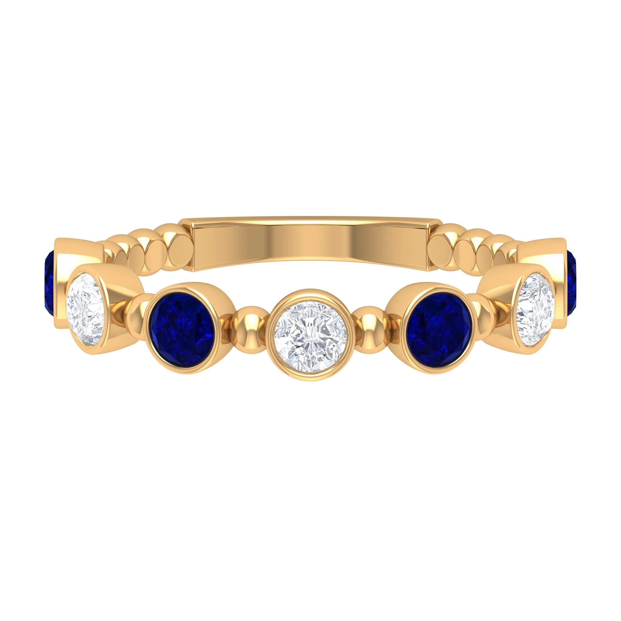 1 CT Blue Sapphire & Moissanite Ring in 14K Solid Gold - 7 Stone Bezel Set Wedding Band, Anniversary Gift for Her, Perfect for Engagement & Special Occasions