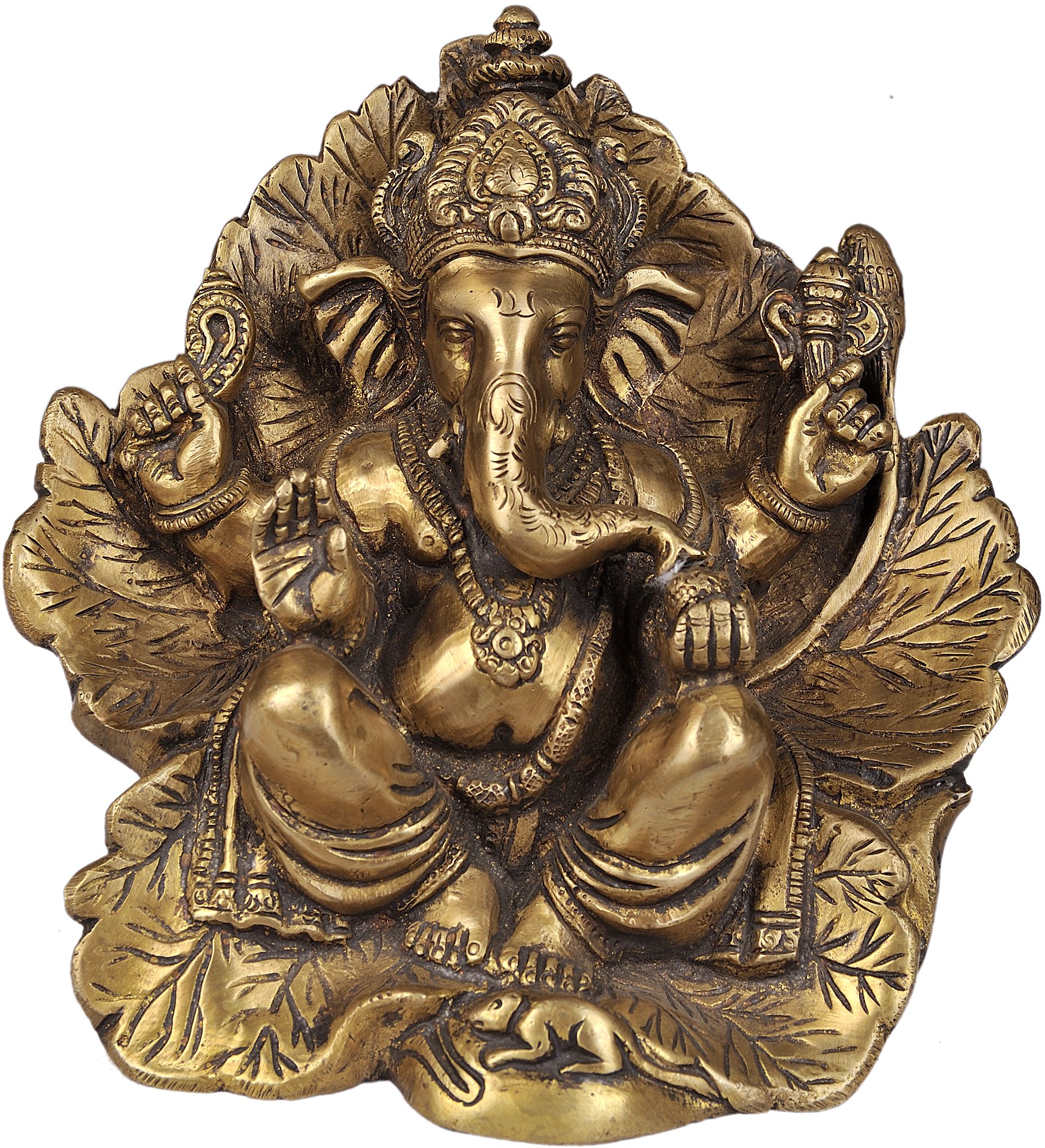 Lord Ganesha Seated on Flower Couch Brass Statue - Hindu God Ganesh Idol for Home Altar, Office Desk & Meditation Space - Spiritual Decor & Gift for Yoga Practitioners