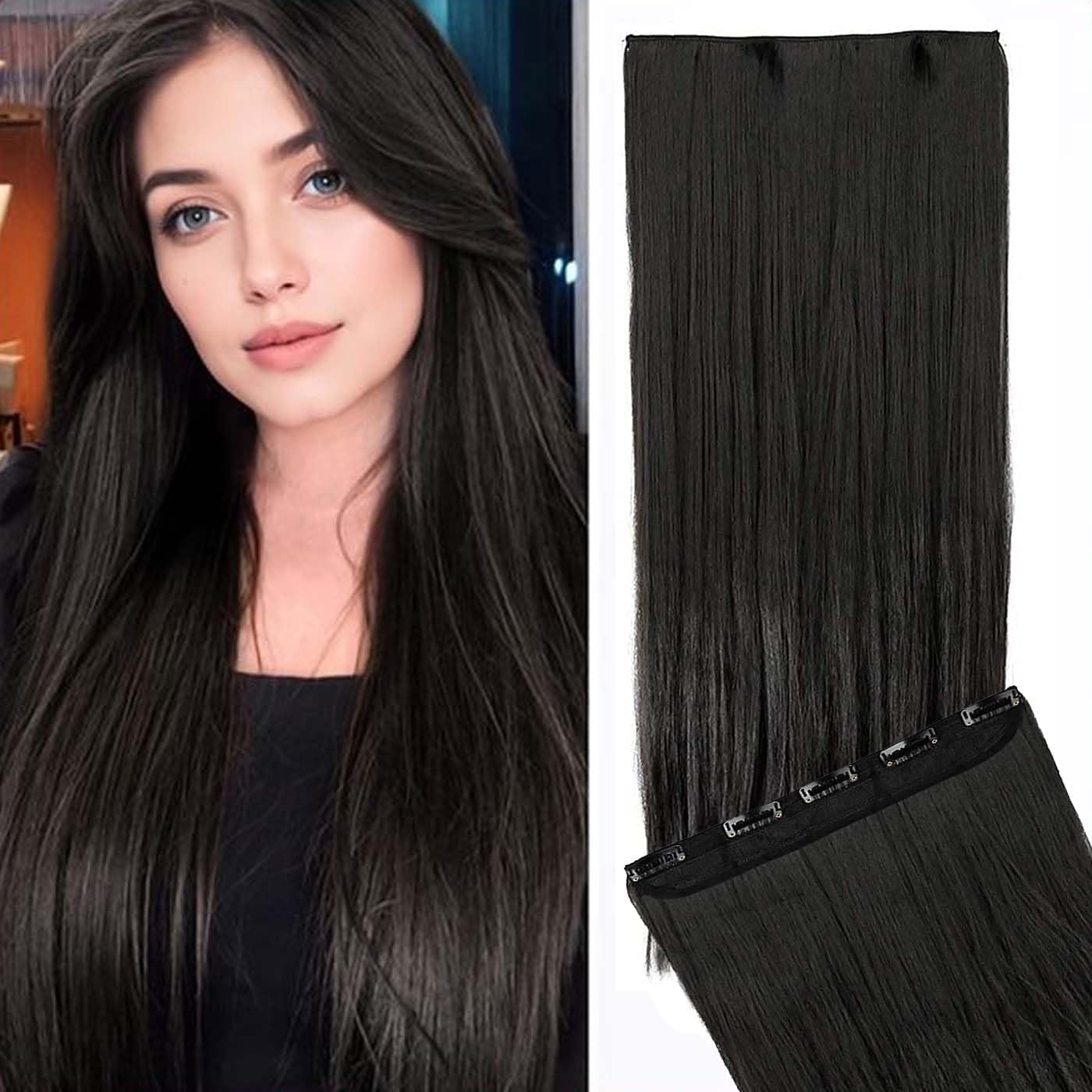 Verbier Wavy/Curly Long Natural Hair Extensions for Women - 5 Clip-In Human Hair Extensions (Black) | Perfect for Daily Wear, Parties & Special Occasions