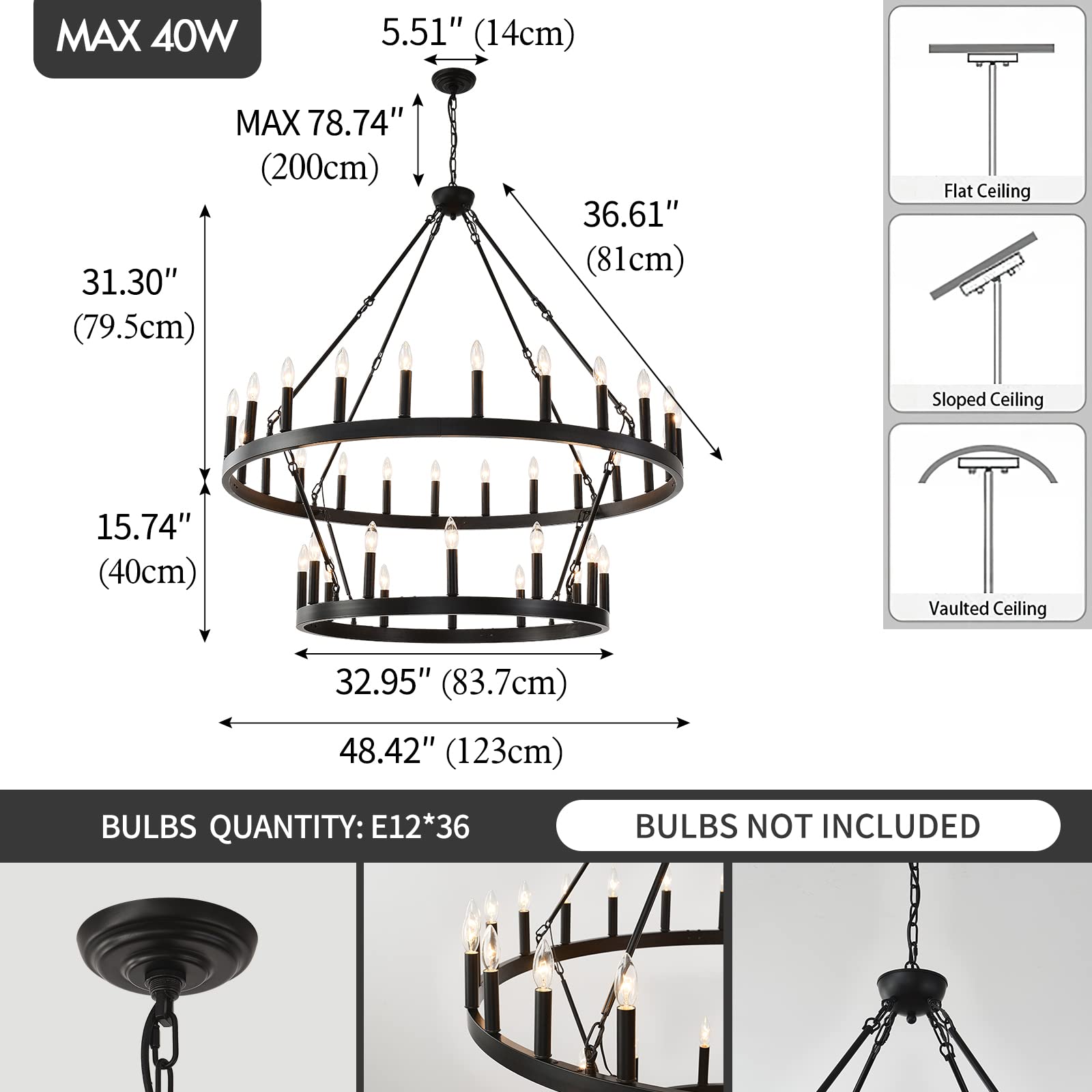 Extra Large 48-Inch Black Rustic Wagon Wheel Chandelier - 36-Light Farmhouse Pendant Light Fixture for High Ceilings | Perfect for Dining Room, Living Room, Kitchen Island, Foyer & Entryway | Creates Cozy Ambiance for Farmhouse, Rustic & Industrial Decor Styles