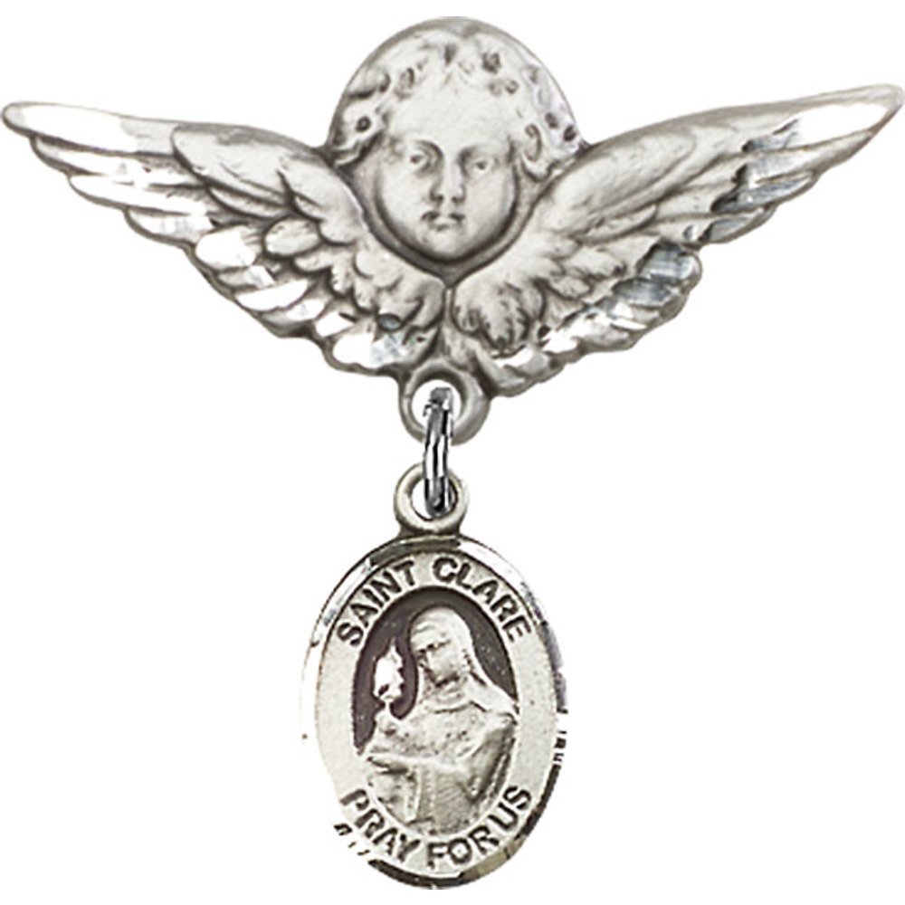 Sterling Silver Baby Badge Pin - St. Clare of Assisi Charm & Angel Wing Pendant for Christening, Baptism, First Communion Gifts