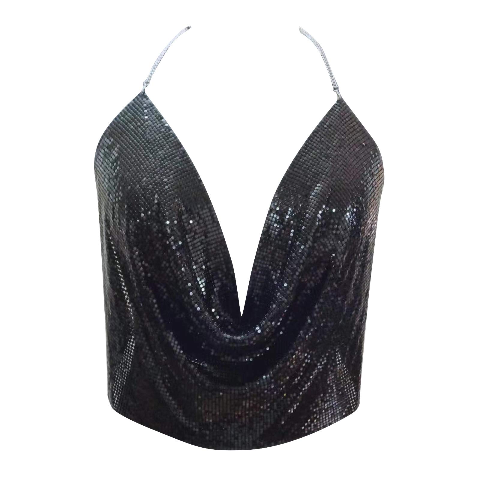 Sexy Shiny Rhinestone Tank Top for Women - Y2K Halter Metal Sequins Crop Top with Deep V-Neck & Sleeveless Backless Design - Perfect for Club Wear, Night Out, Party, and Festival Outfits
