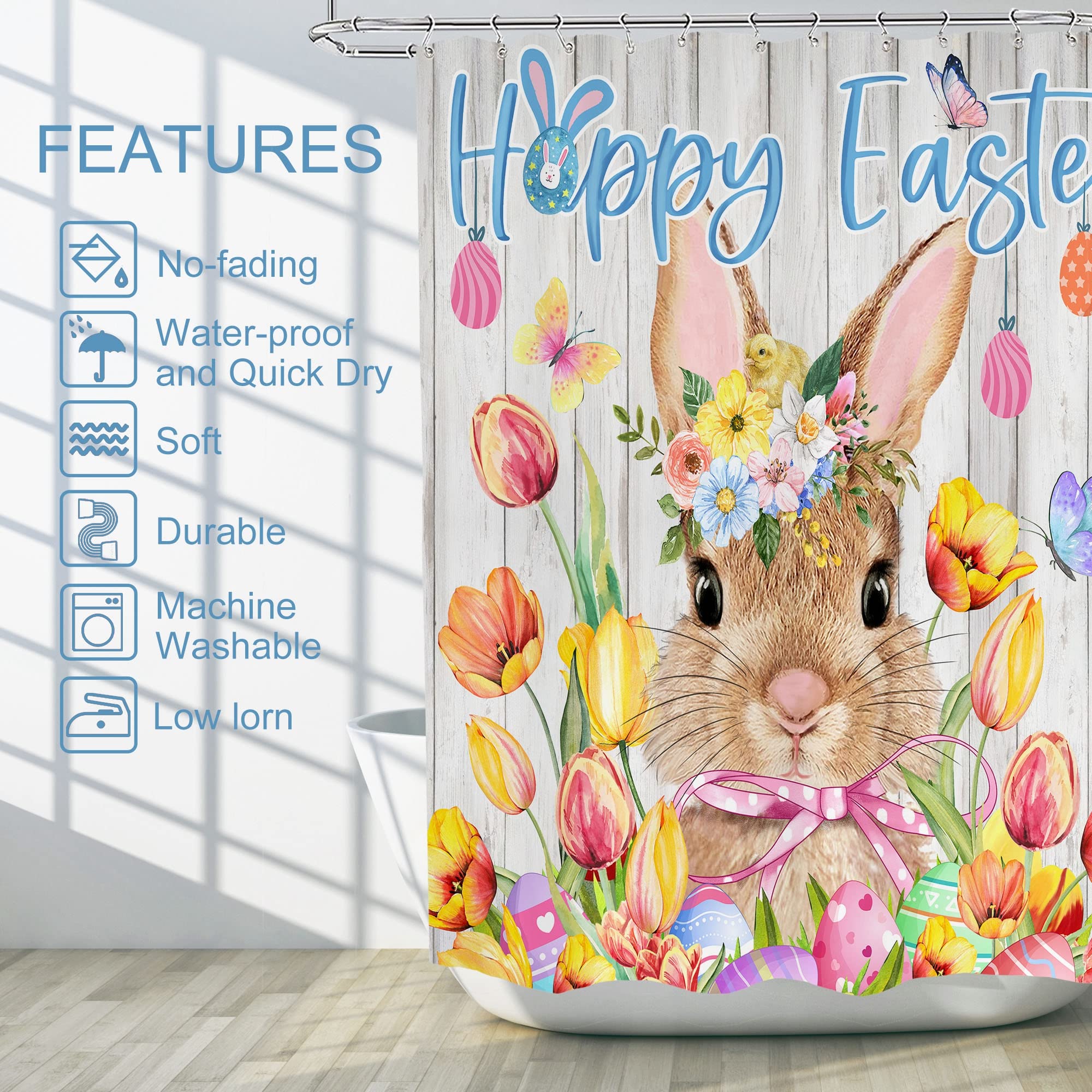 Easter Shower Curtain - Waterproof Bunny & Eggs Design Bathroom Decor - 71x71 Inch Spring Holiday Fabric Shower Curtain with Hooks - Perfect for Easter Home Decor & Seasonal Bathroom Upgrades
