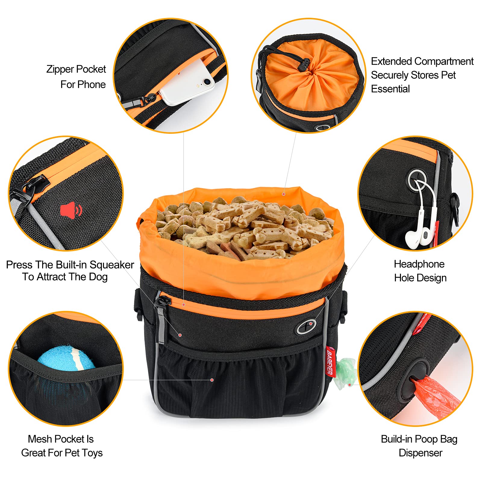 BABEYER Dog Treat Pouch for Training & Walking - Portable Pet Reward Bag for Kibble, Snacks & Toys - Perfect for Dog Training, Walks & Outdoor Adventures (Black)