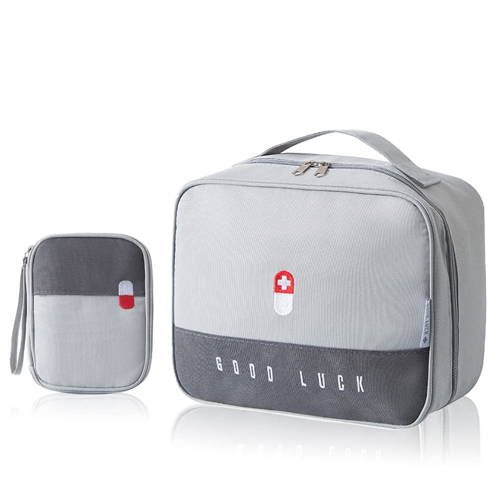 2-Size Insulated First Aid Bags with Medical Pouch - Portable Medication Travel Case with Handle for Car, Home, Camping, Office & Workplace (Grey) - Perfect for Emergency Kits, Outdoor Adventures & Daily Safety
