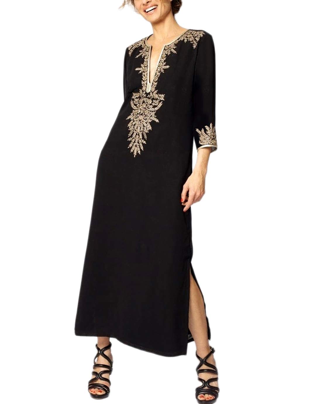 Eddoyee Embroidered Long Kaftan Dresses for Women - Elegant Beach Cover Up, Swimwear Wrap, Boho Maxi Dress for Poolside, Vacation & Summer Outfits