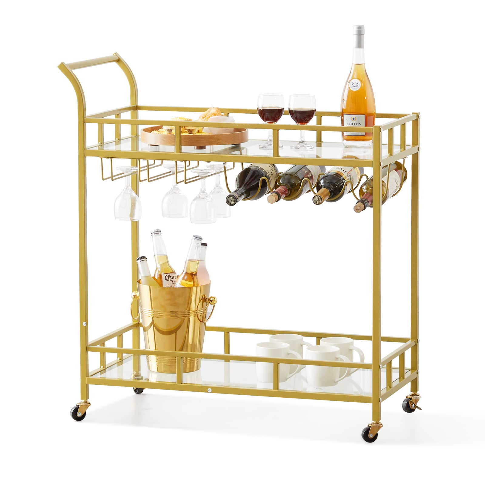 VEVOR Gold Bar Cart with 2-Tier Tempered Glass Shelves & Lockable Wheels - Modern Rolling Alcohol Serving Cart with Guardrail Wine Rack for Home, Kitchen, Dining & Living Room | Perfect for Cocktail Parties, Wine Storage & Mobile Beverage Service