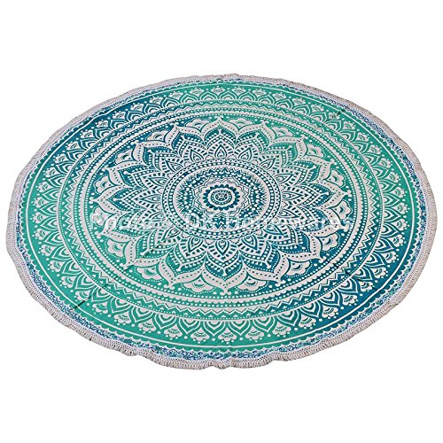 Vibrant Green Blue Indian Mandala Round Tablecloth - 72 Inch Printed Cotton with 2 Inch Lace Fringes - Beach Mat, Picnic Blanket, Floral Wall Tapestry for Boho Home Decor & Outdoor Parties