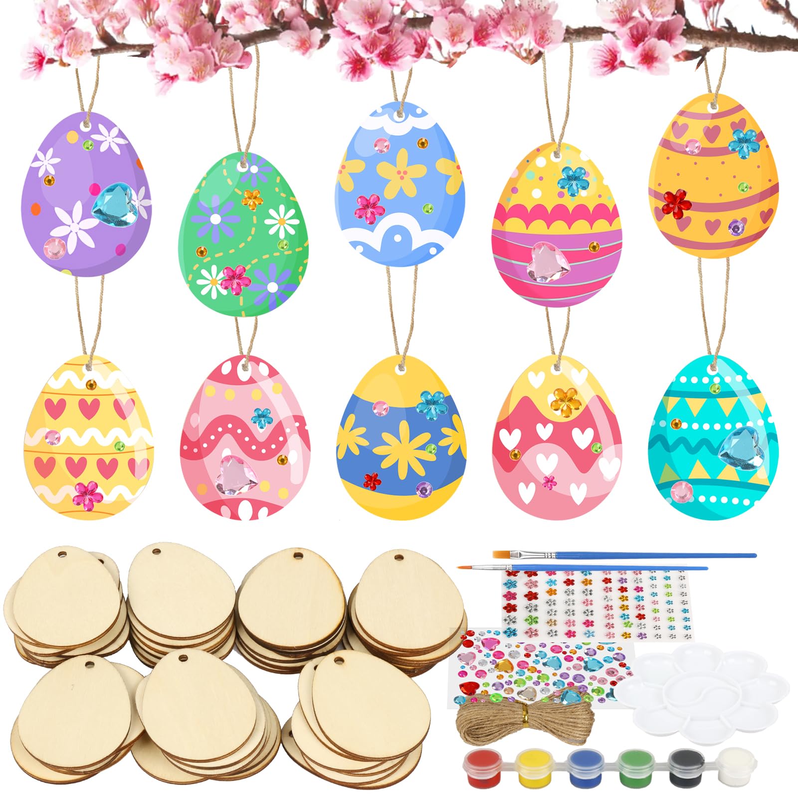 Fennoral 50 Pack DIY Wooden Easter Egg Craft Kit for Kids - Easter Egg Decorating, Hanging Ornaments, Easter Art Projects for Boys & Girls - Perfect for Classroom Activities, Holiday Decorations & Family Craft Time