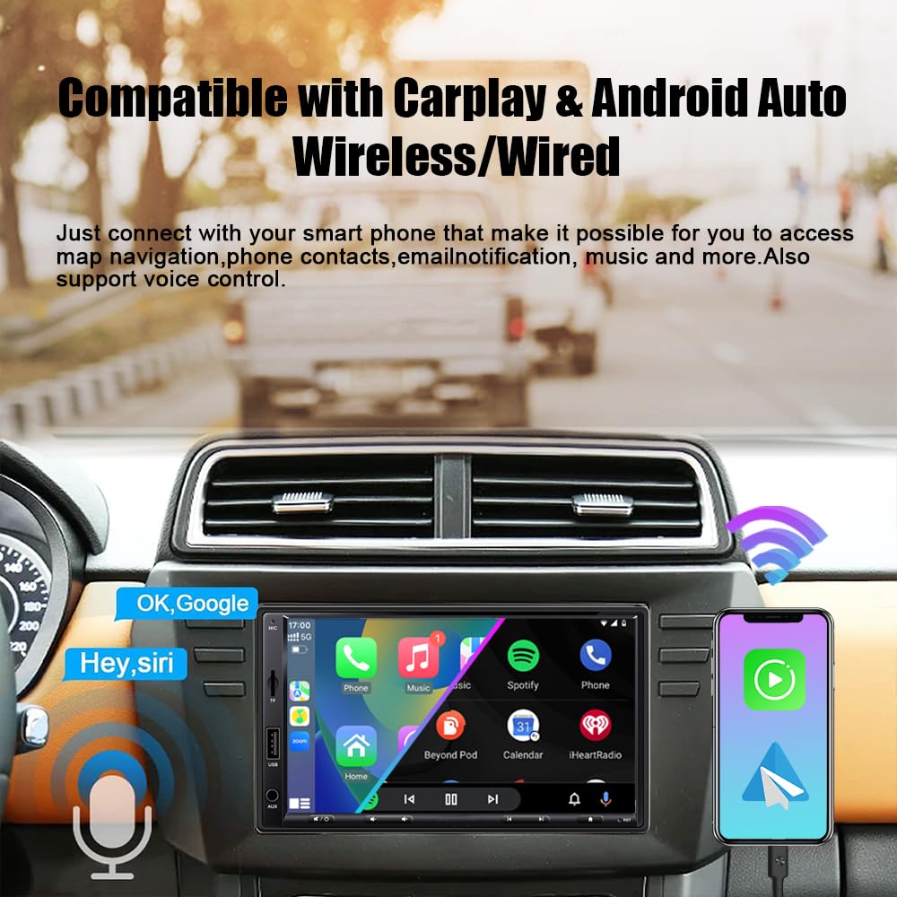 Upgrade Zeminba 7-inch Double Din Car Stereo with Wireless CarPlay & Android Auto, Bluetooth 5.2, Touchscreen, Rearview Camera, AM/FM, Mirror Link, USB/AUX/SWC/TF/DSP – Perfect for Seamless Hands-Free Calling, Music Streaming & Safe Parking in Trucks, SUVs & Sedans