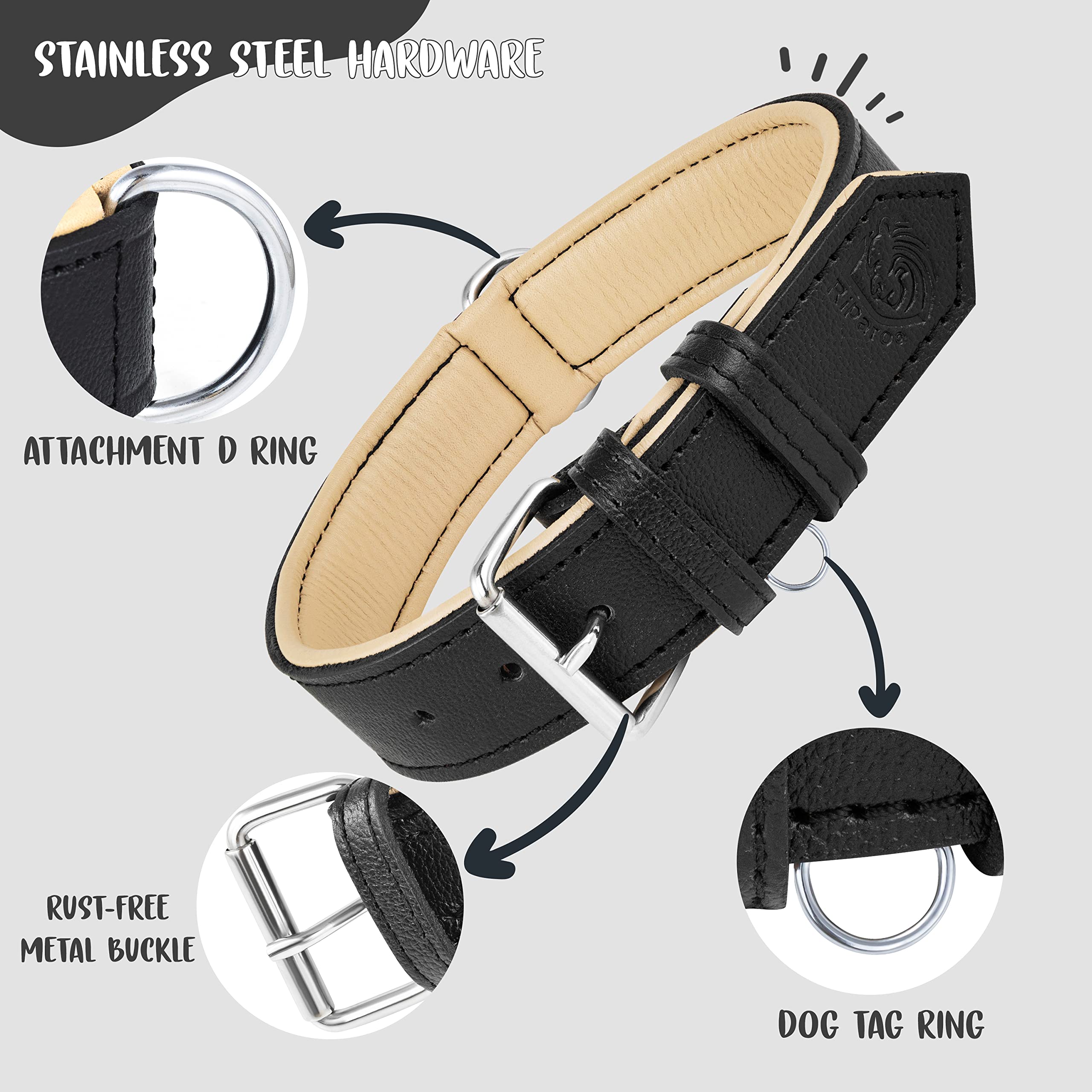 Premium Genuine Leather Dog Collar for Medium Dogs - Adjustable & Durable Riparo Collar (M, Black) - Perfect for Daily Walks, Training & Outdoor Adventures