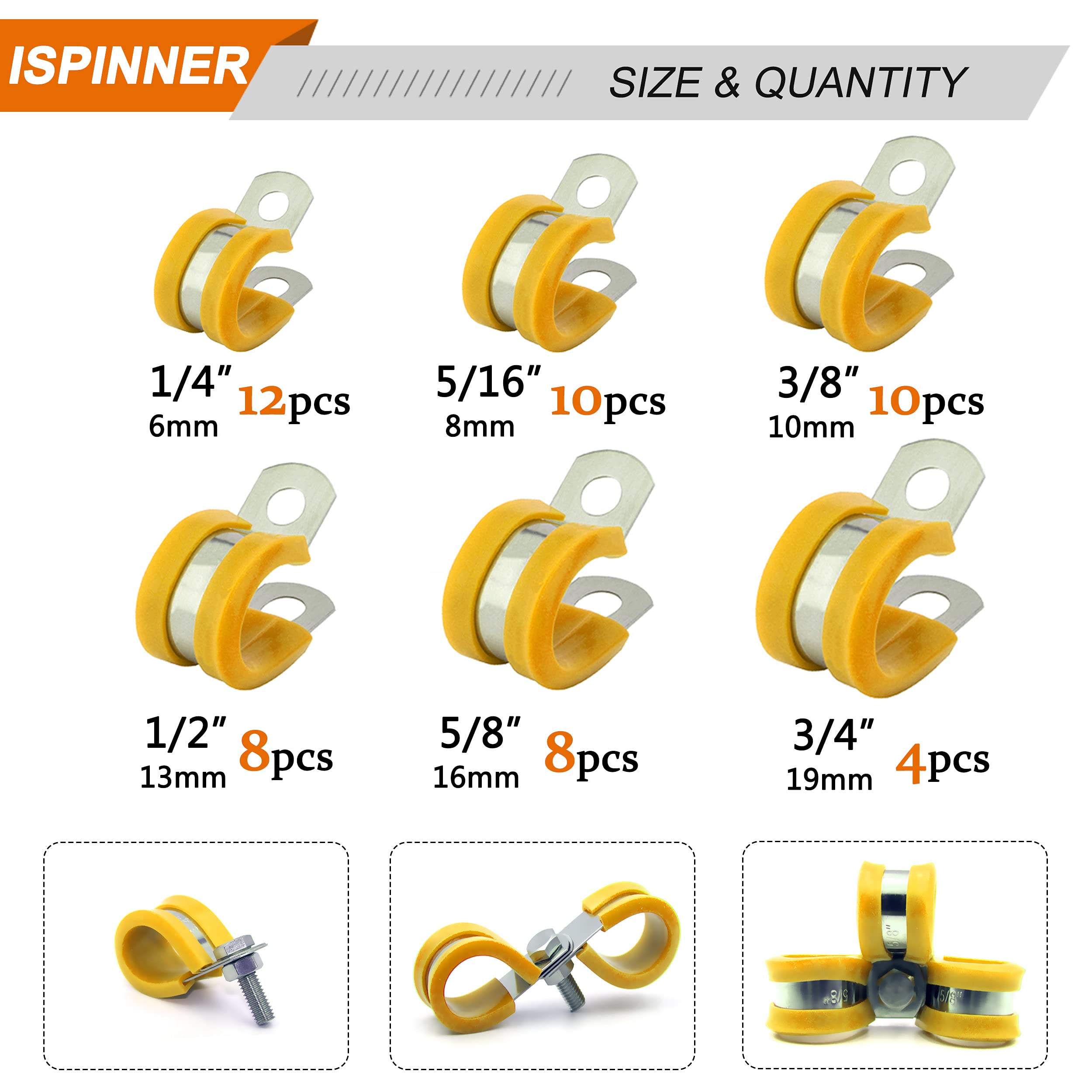 ISPINNER 52pcs Stainless Steel Cable Clamps Kit - 304 Rustproof Pipe Clamps with Rubber Cushion in 6 Sizes (1/4