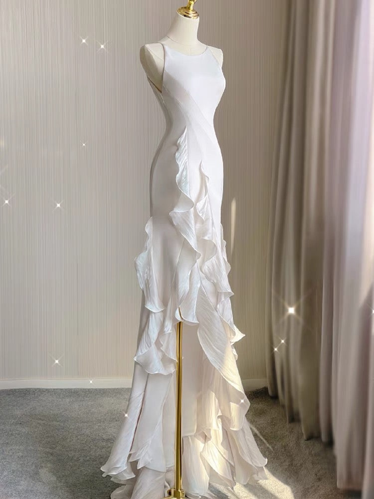 Elegant Mermaid Ruffle White Wedding Dress - Long Prom Gown J3181 for Brides, Formal Events & Special Occasions
