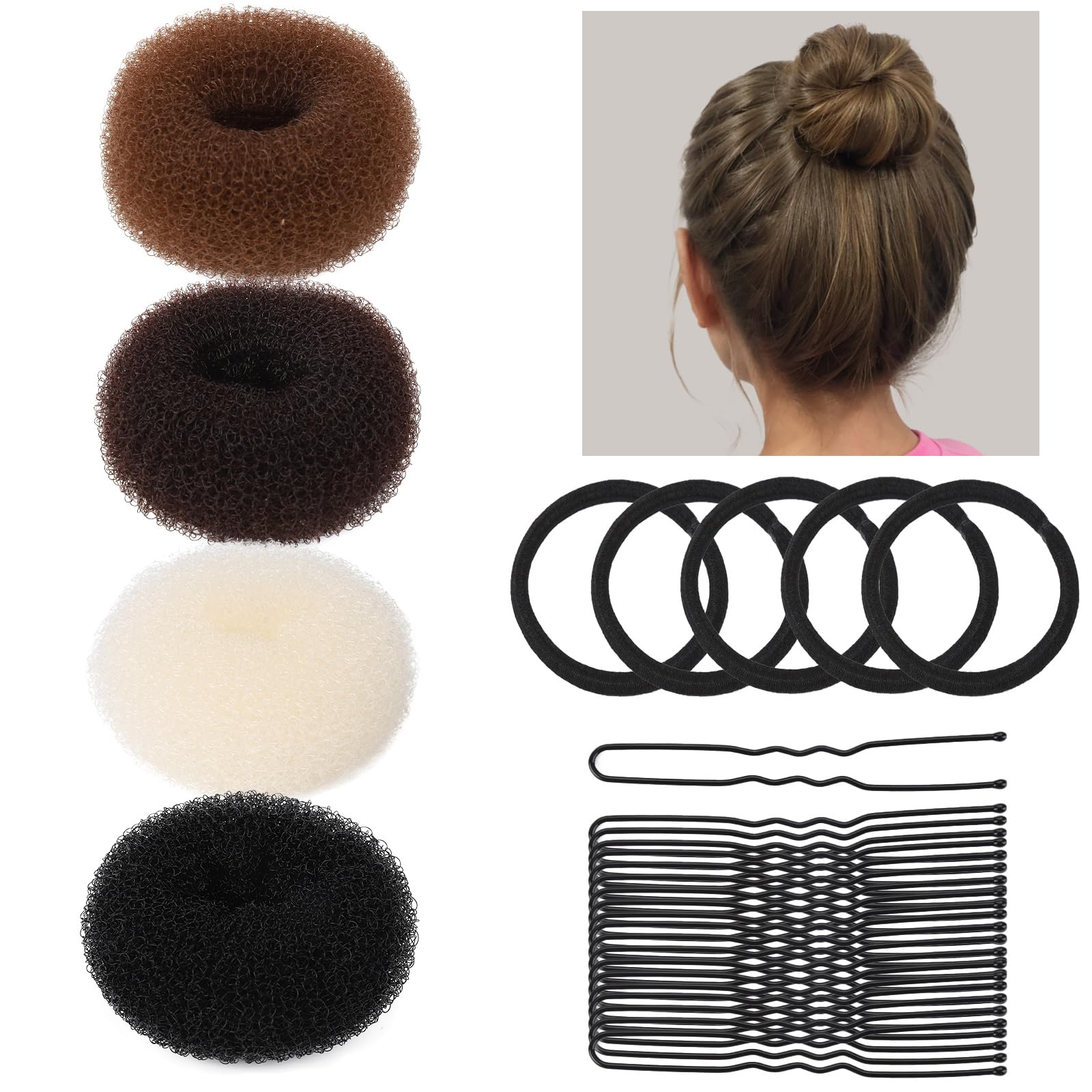 Teenitor Small Donut Hair Bun Maker Set - 4 Color Hair Donut Buns for Kids & Teens with 5 Elastic Bands & 20 Hair Pins | Perfect for School, Parties & Everyday Hairstyles