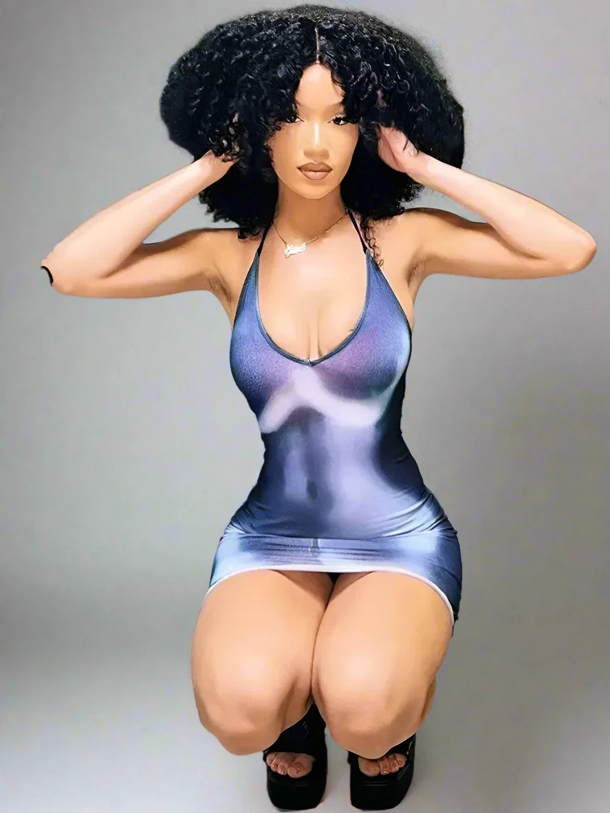 3D Body Print Sexy Mini Dress Y2k Streetwear Backless Halter Neck Bodycon Dress for Women - Perfect for Club Outfits, Nightlife and Party Wear